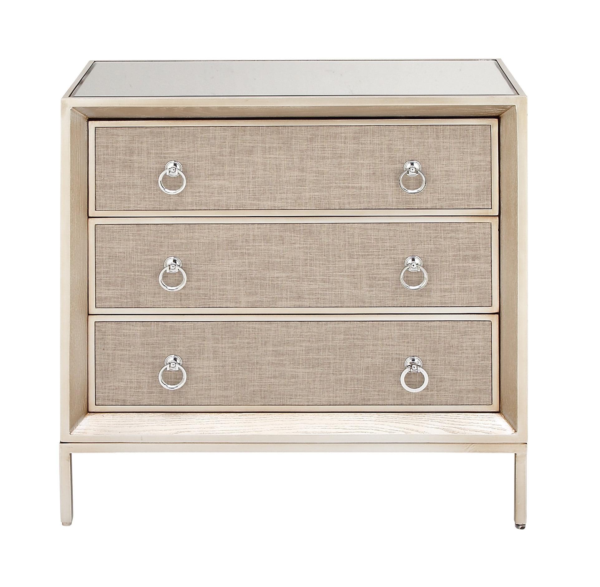 Beige Upholstered 3 Drawer Chest with Mirrored Top and Ring Handles