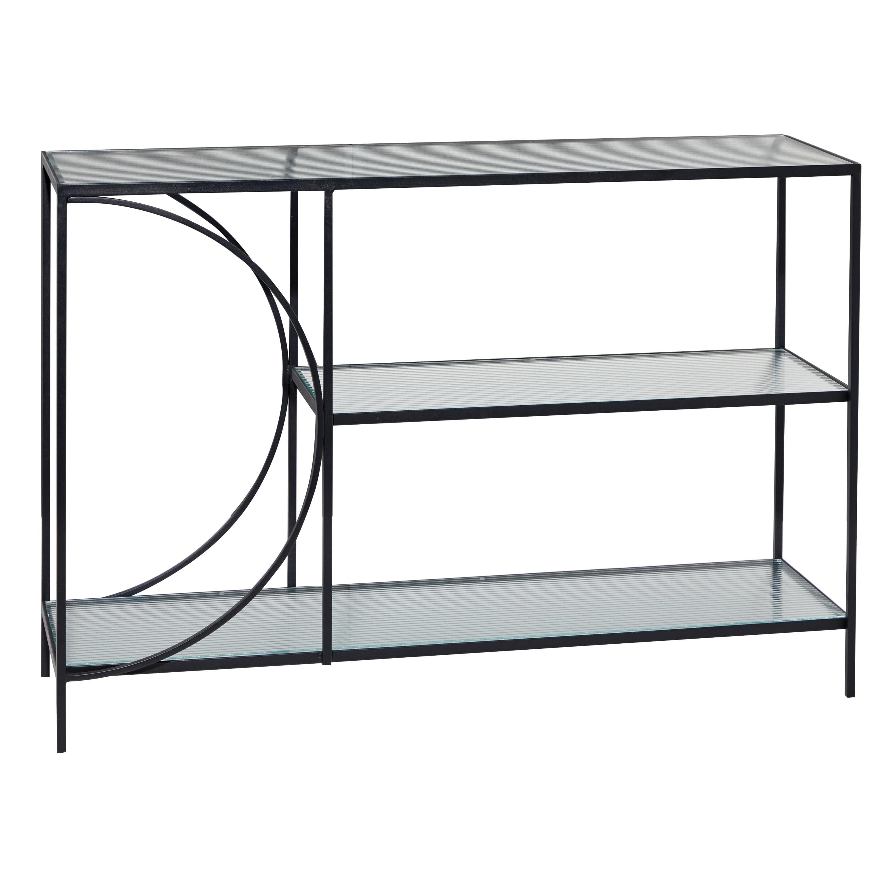 Black Metal and Glass Industrial Console Table with Storage Shelves