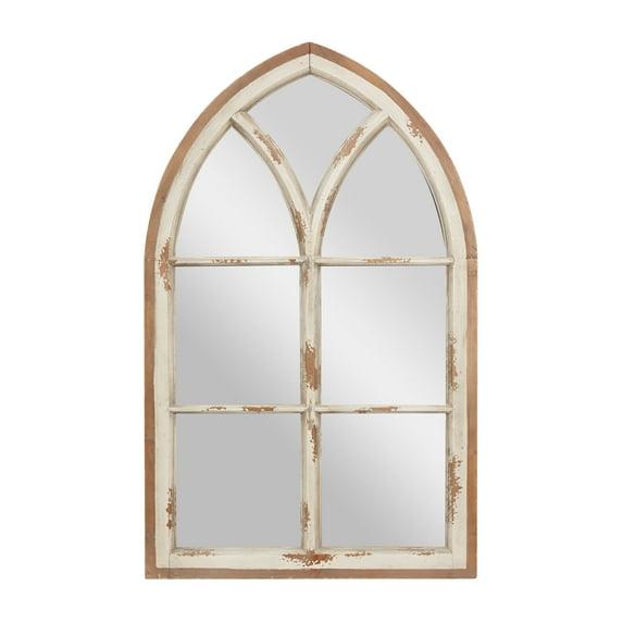 Wood Window Panes Inspired Wall Mirror with Arched Top and Distressing White/Brown - Olivia & May: Cathedral Style, Antiqued Finish