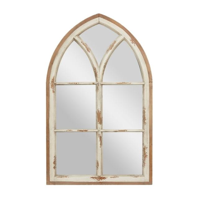 Wood Window Panes Inspired Wall Mirror with Arched Top and Distressing White/Brown - Olivia & May: Cathedral Style, Antiqued Finish