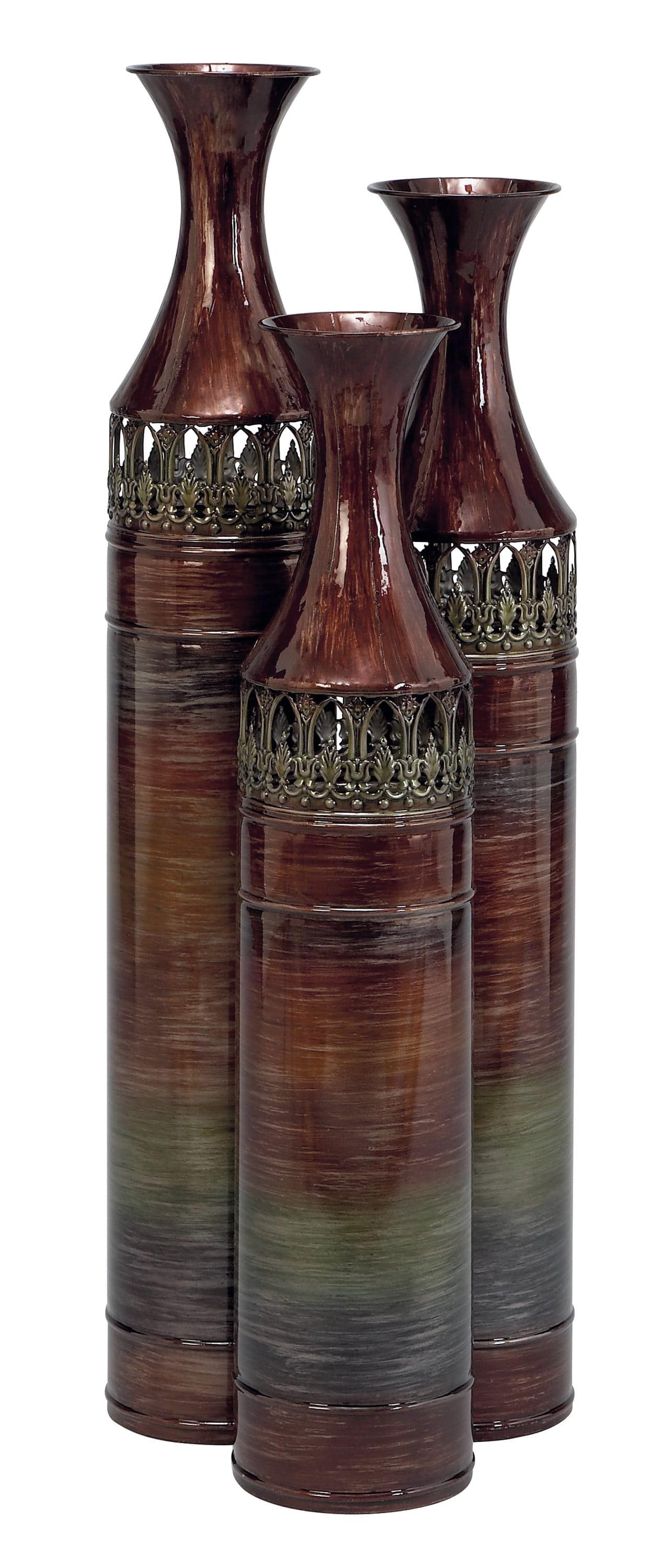 Elegant Ombre Bronze Metal Cylinder Vase Trio with Antefix Design