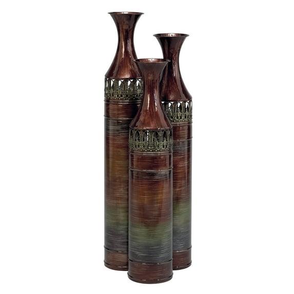 DecMode 34", 31", 28"H Tall Ombre Bronze Metal Vase with Laser Cut Antefix Design, Set of 3