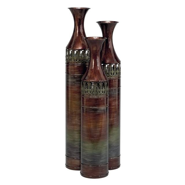 DecMode 34", 31", 28"H Tall Ombre Bronze Metal Vase with Laser Cut Antefix Design, Set of 3
