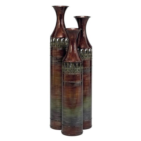 DecMode 34", 31", 28"H Tall Ombre Bronze Metal Vase with Laser Cut Antefix Design, Set of 3
