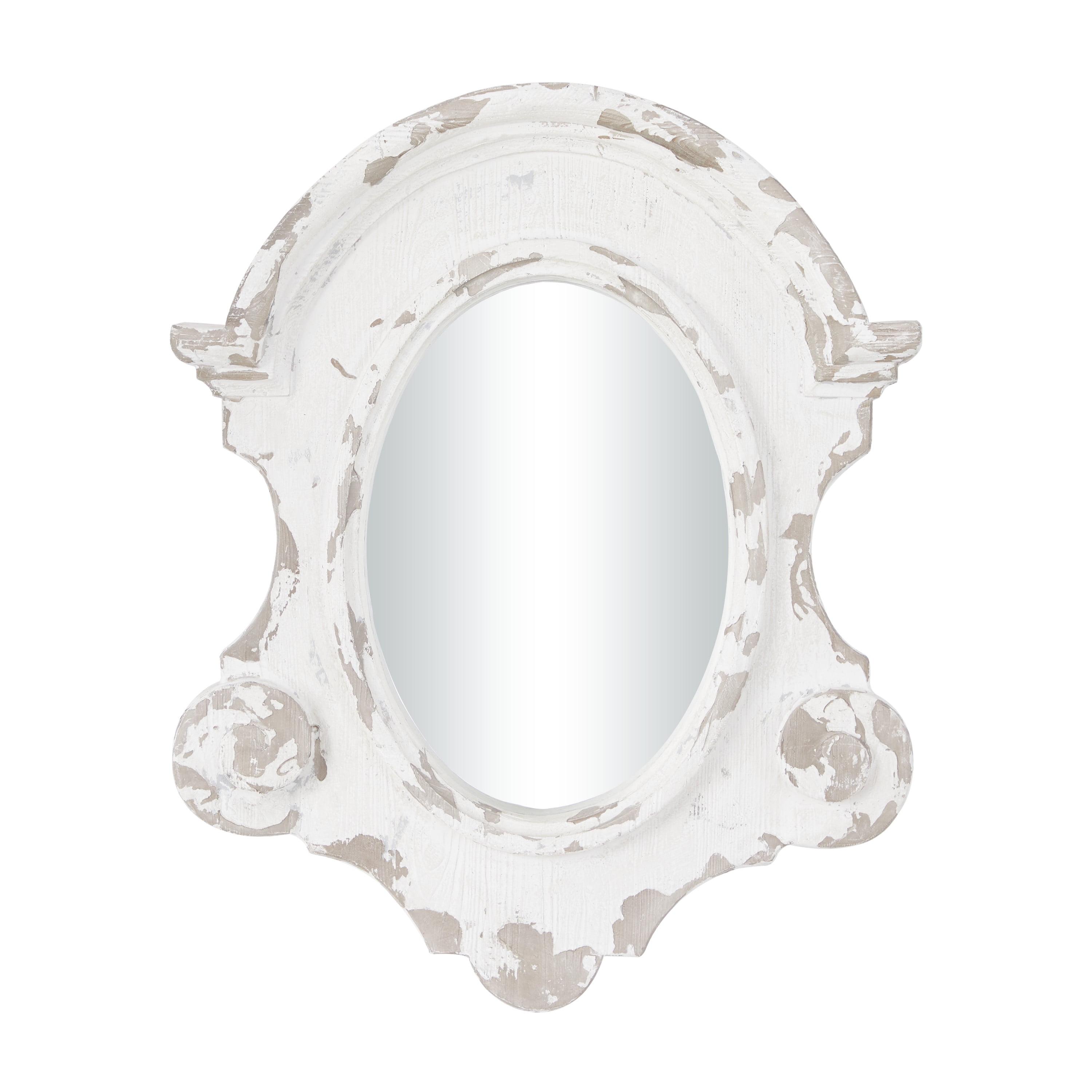 White Carved Oval Wood Wall Mirror with Arched Top