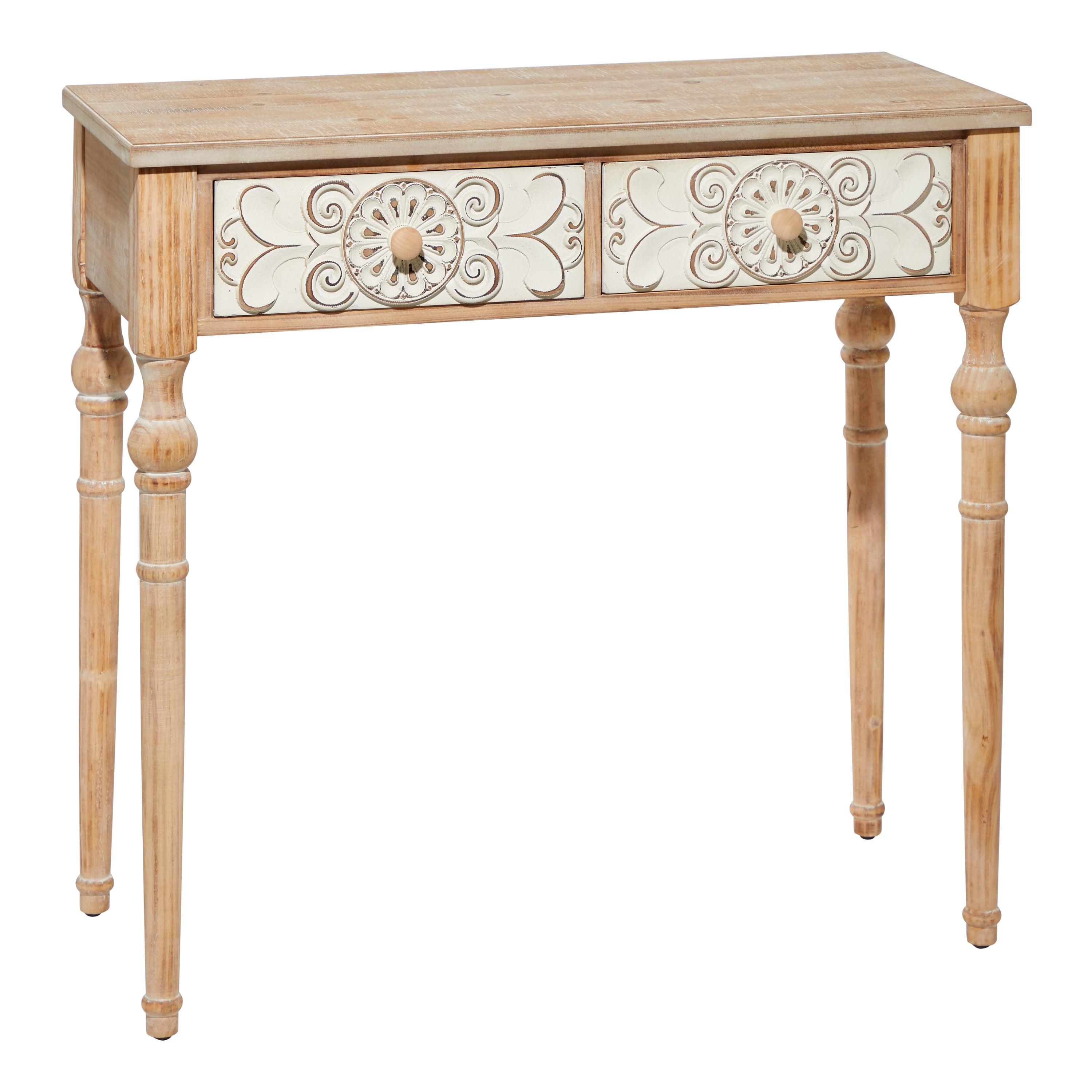 Elegant Farmhouse Brown Wood and Glass Console Table with Carved Floral Drawers