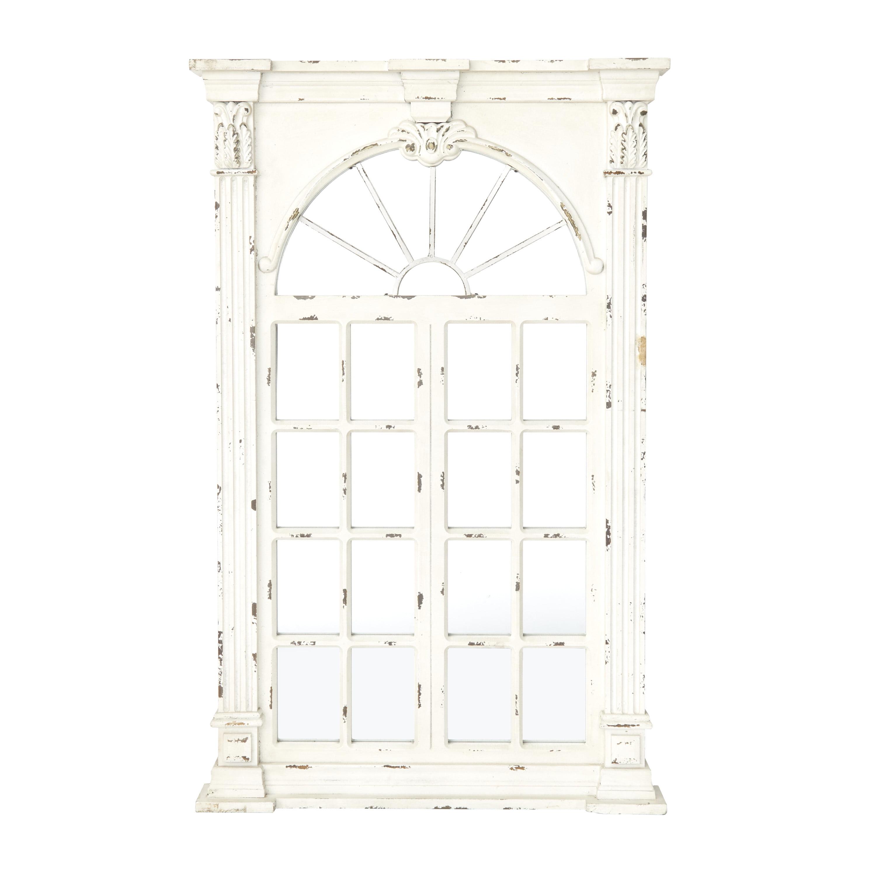 Cream Wood Windowpane Arched Wall Mirror with Distressed Finish