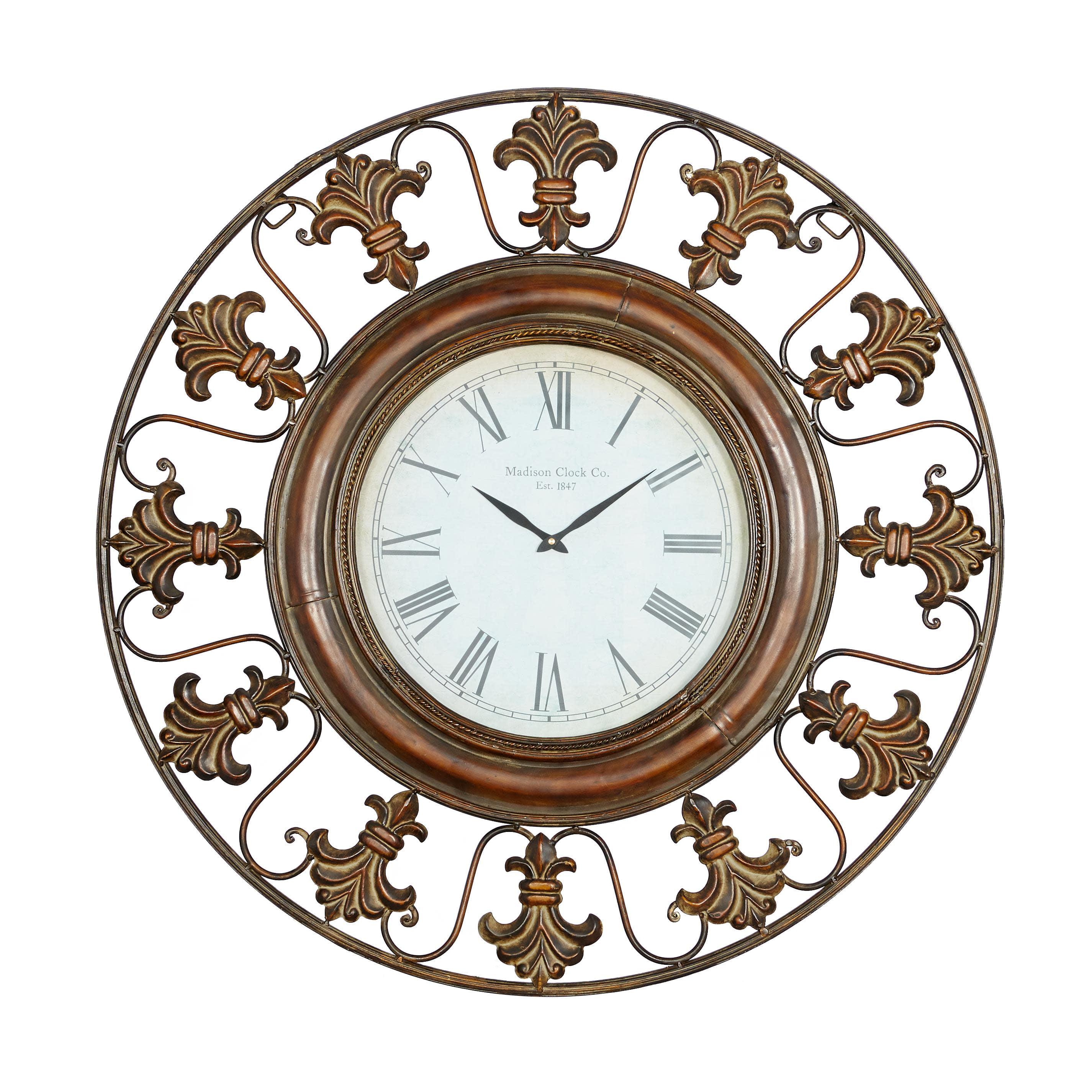 Metal Fleur De Lis Wall Clock Brown - Olivia & May: Silent, Rustic Iron, Roman Numerals