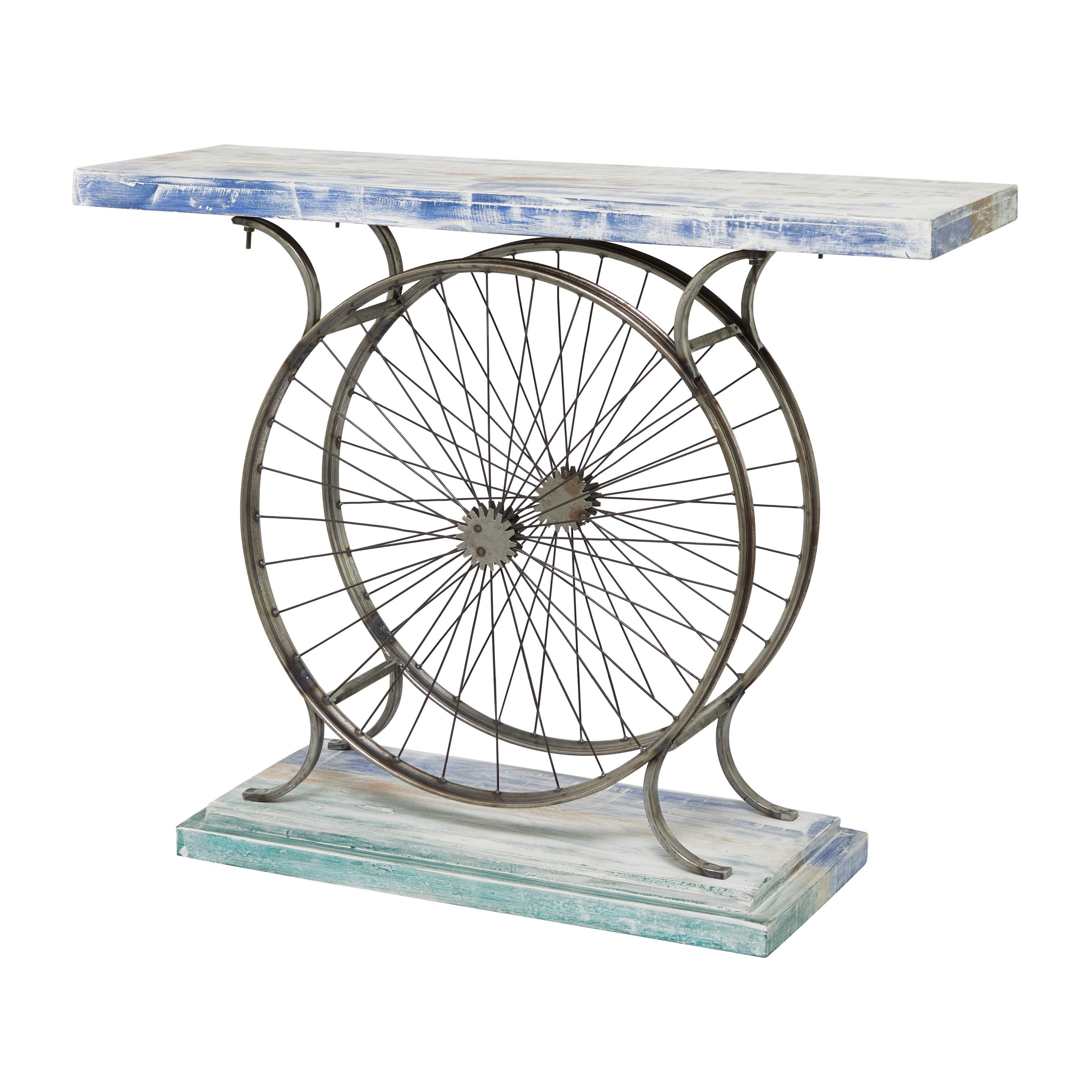 Rustic Blue Bike Console Table with Slatted Wood Top and Metal Frame