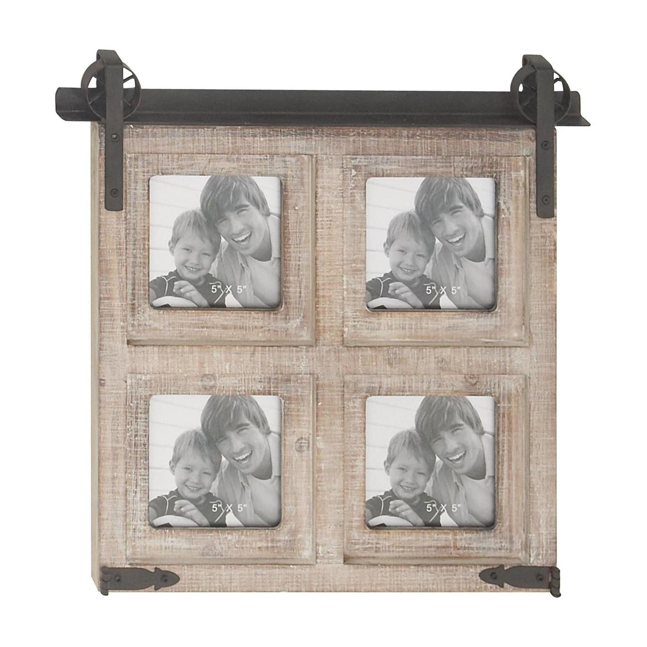 DecMode 4-Opening 5" x 5" Barn Door Brown Wall Photo Frame with Black Metal Accents