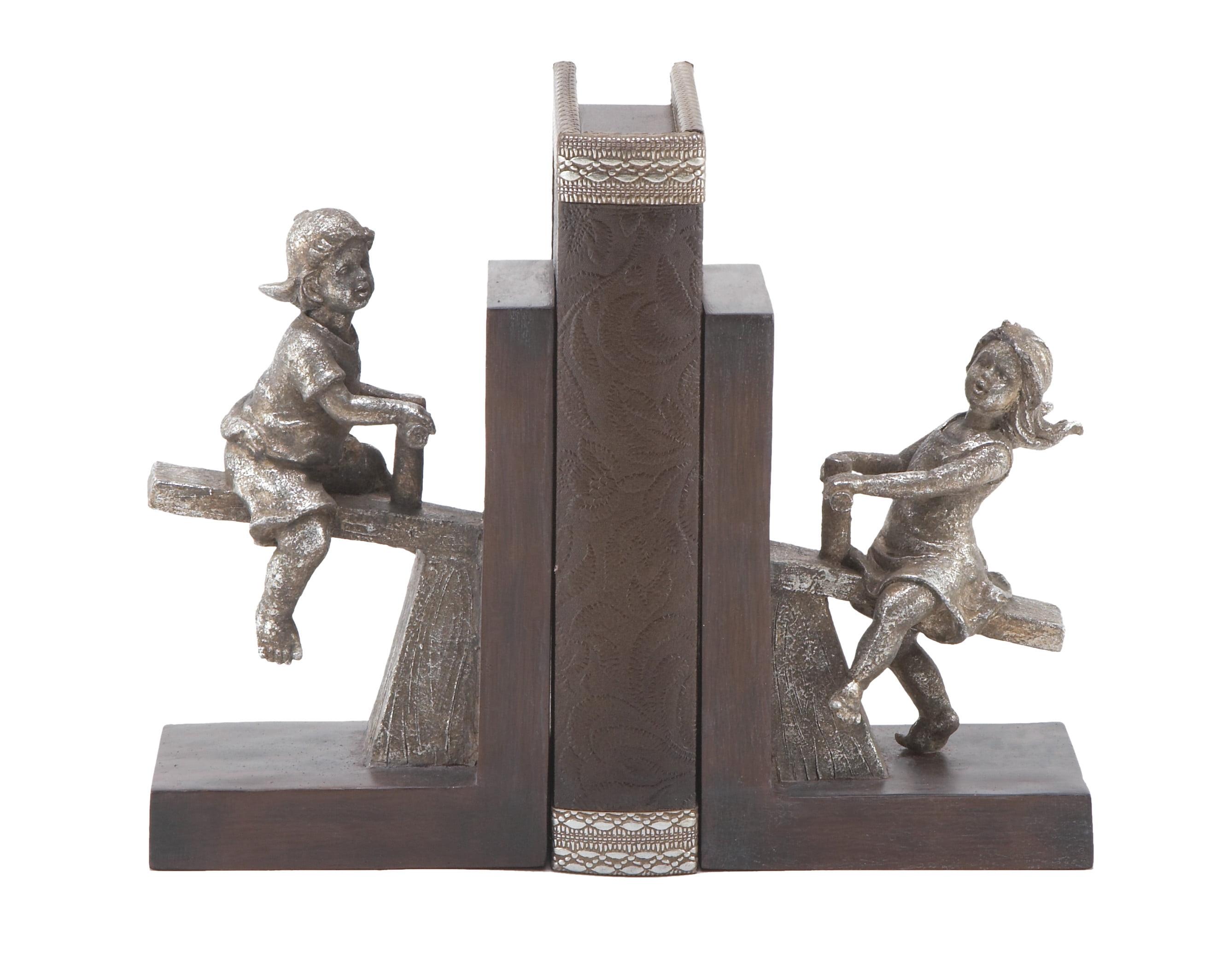 DecMode 4" People Brown Polystone Bookends with Swing Set (Set of 2)