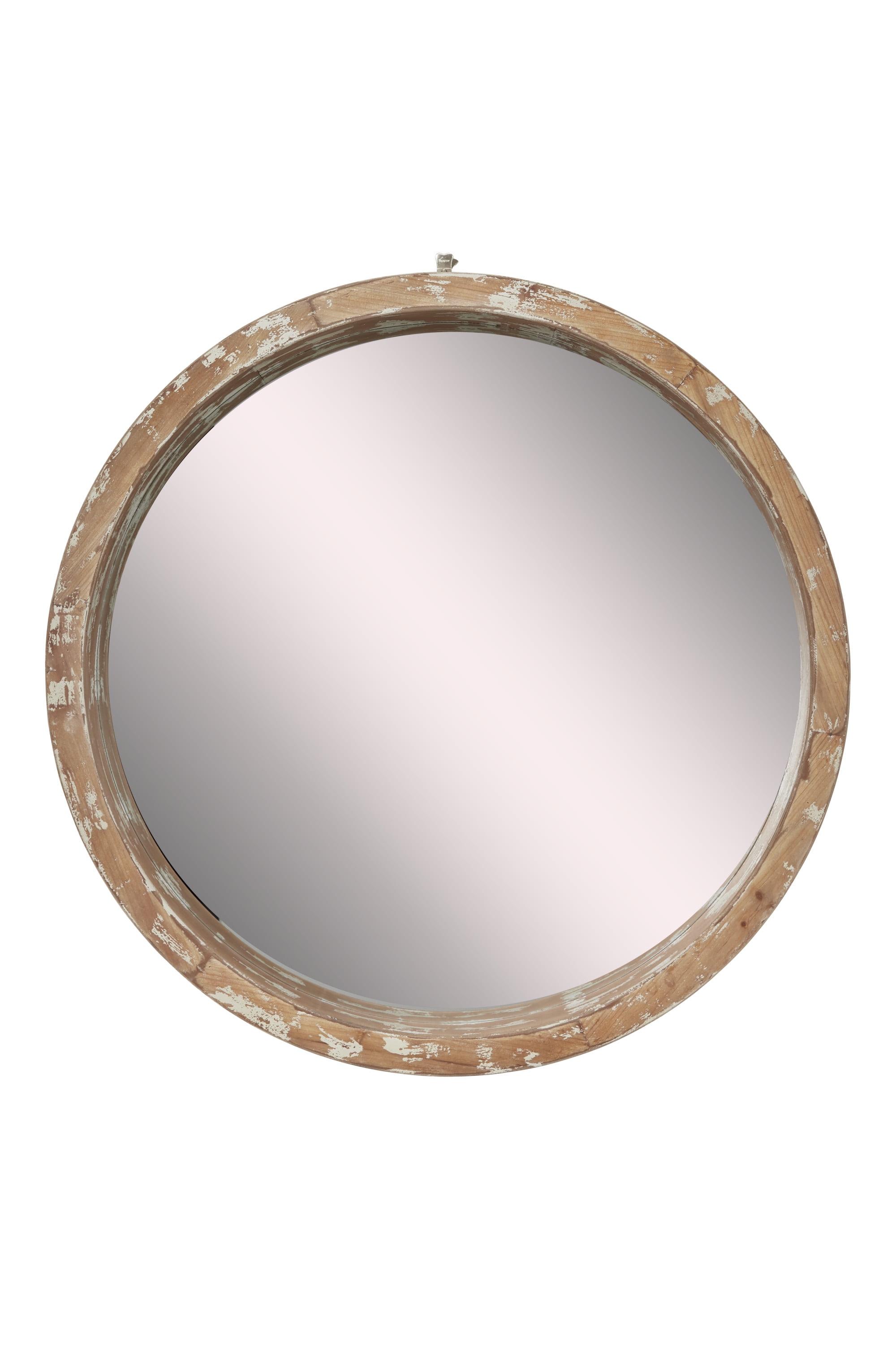 Vintage Round Brown Wood Wall Mirror