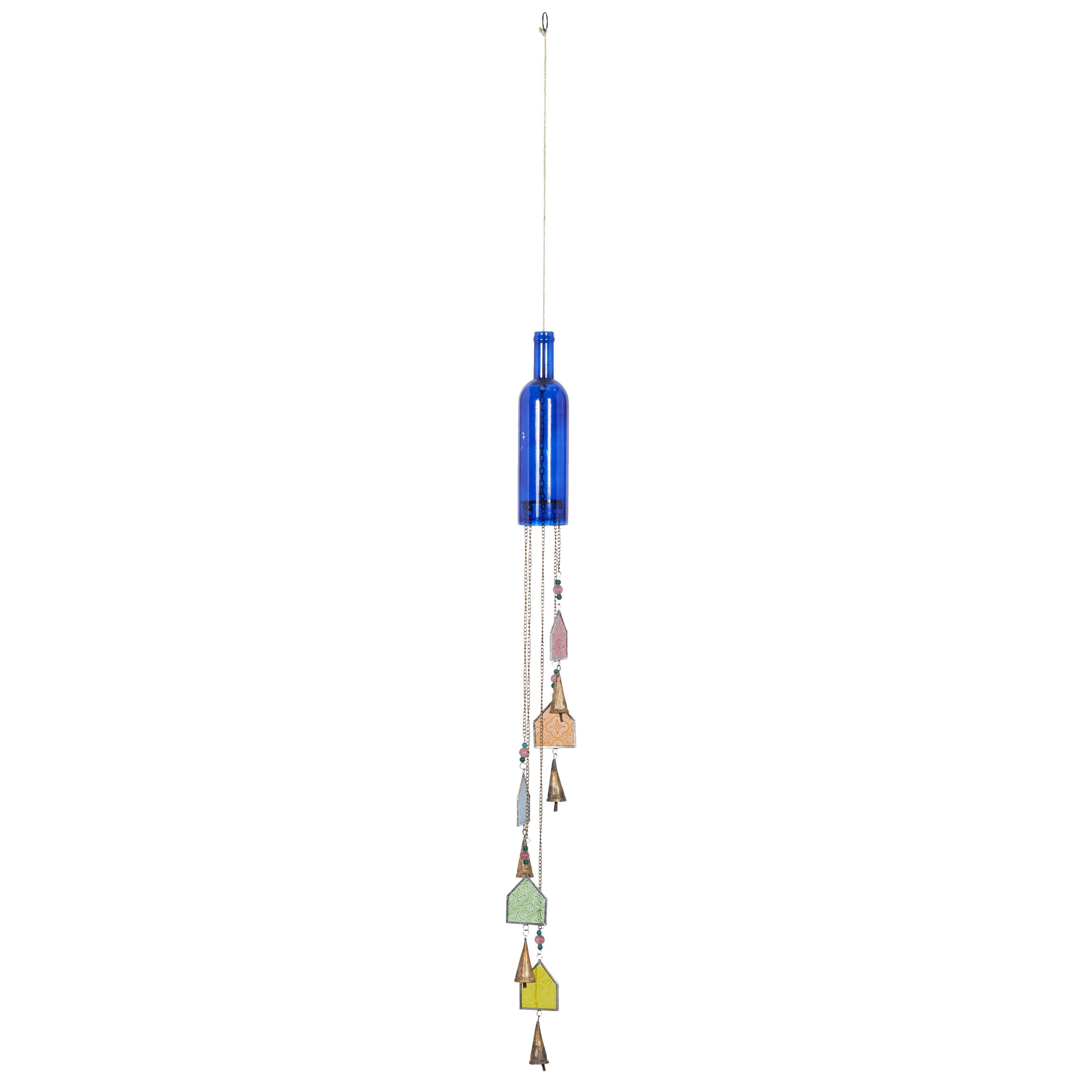DecMode 41" Blue Glass Bottle Windchime with Beads and Cone Bells