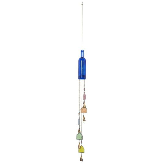 DecMode 41" Blue Glass Bottle Windchime with Beads and Cone Bells