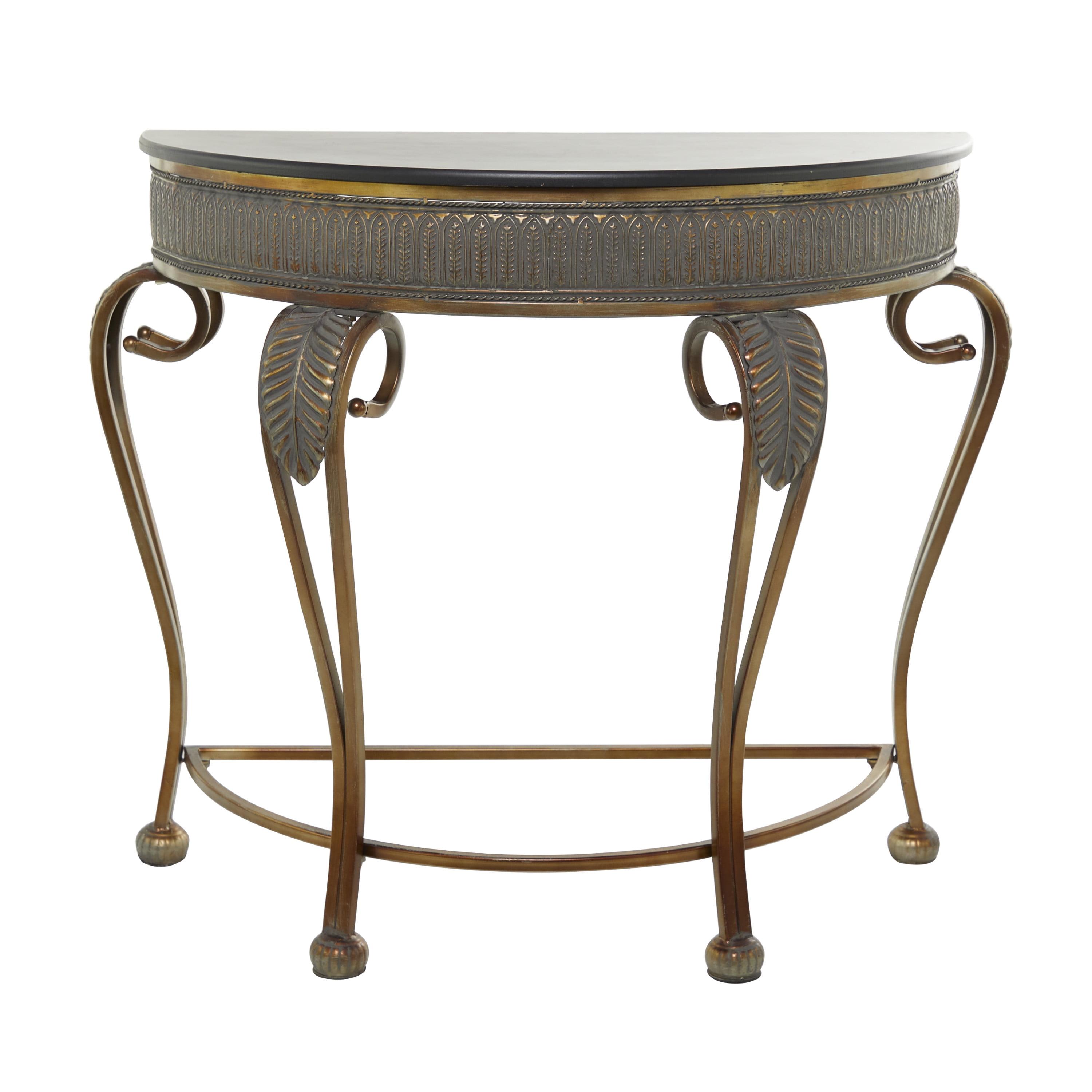 Gold Metal Demilune Console Table with Ornate Scroll Legs