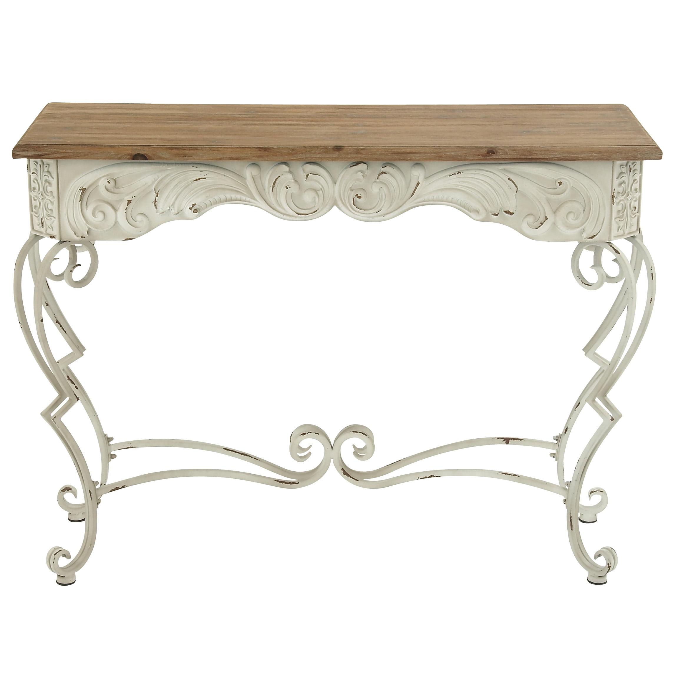 French Provincial White Metal Scroll Console Table with Fir Wood Top