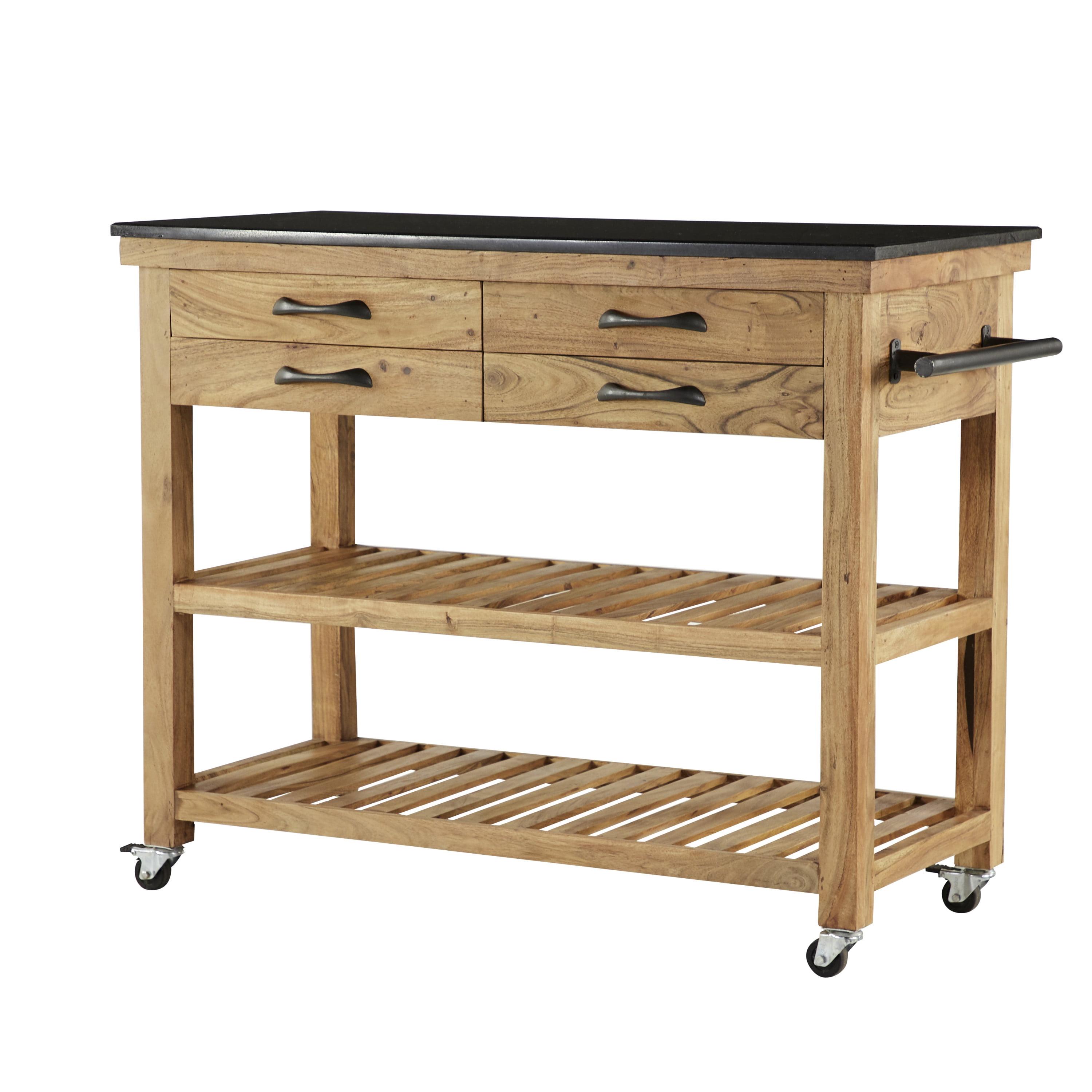 Brown Wood Kitchen Cart with Marble Top and Storage