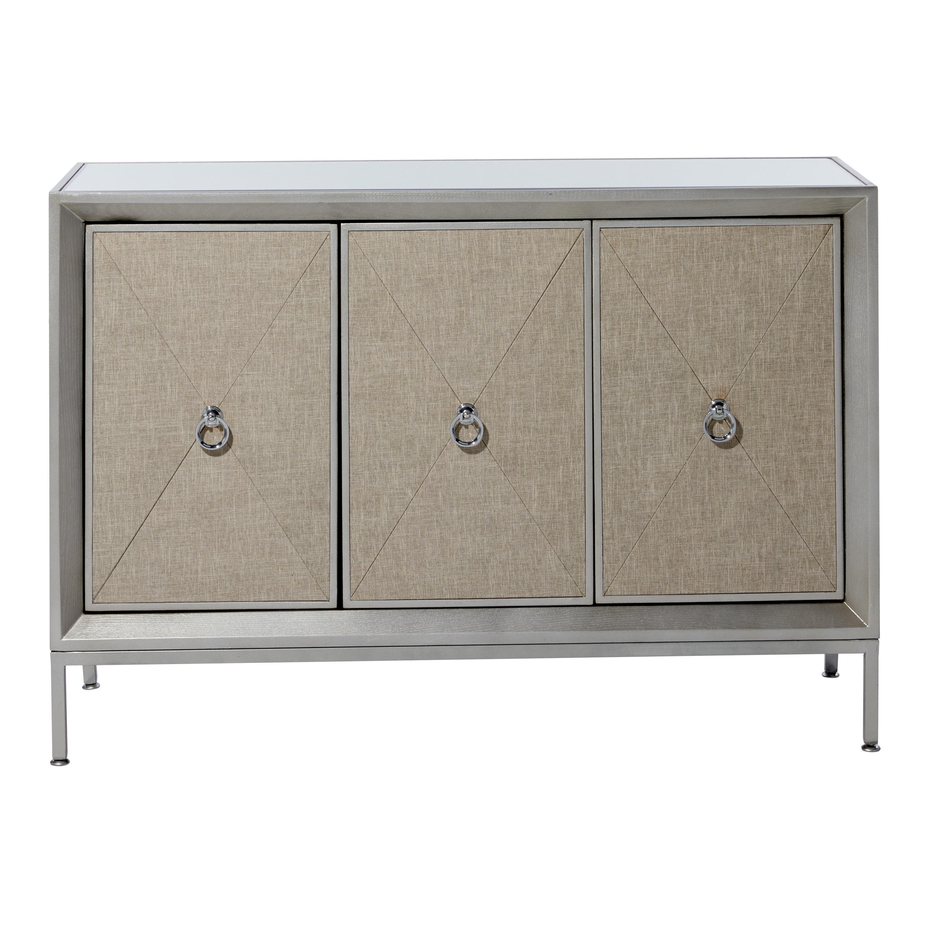 Gray Upholstered 3-Door Cabinet with Mirrored Top and Ring Handles