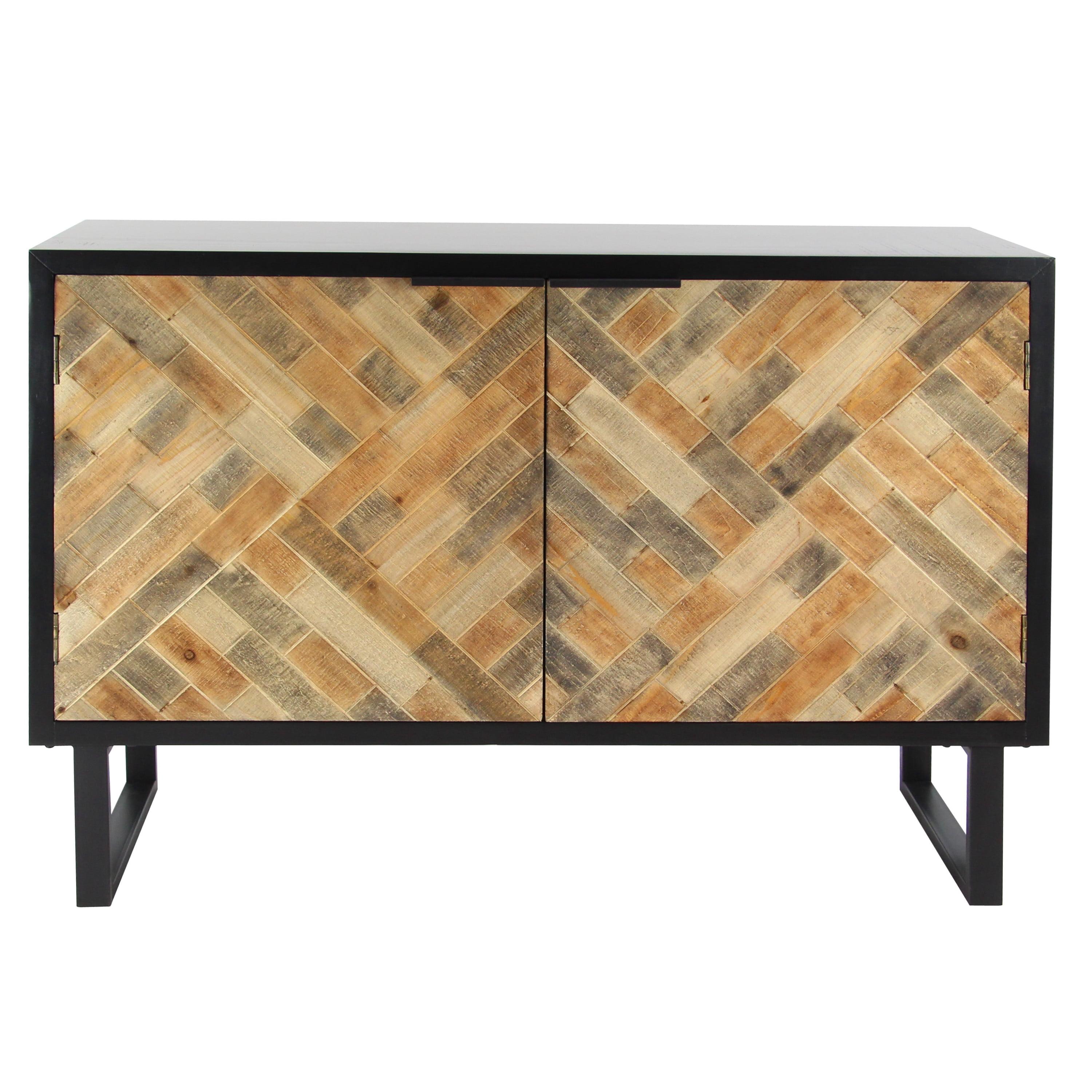 Black and Brown Geometric Wood Inlay Cabinet with Shelf