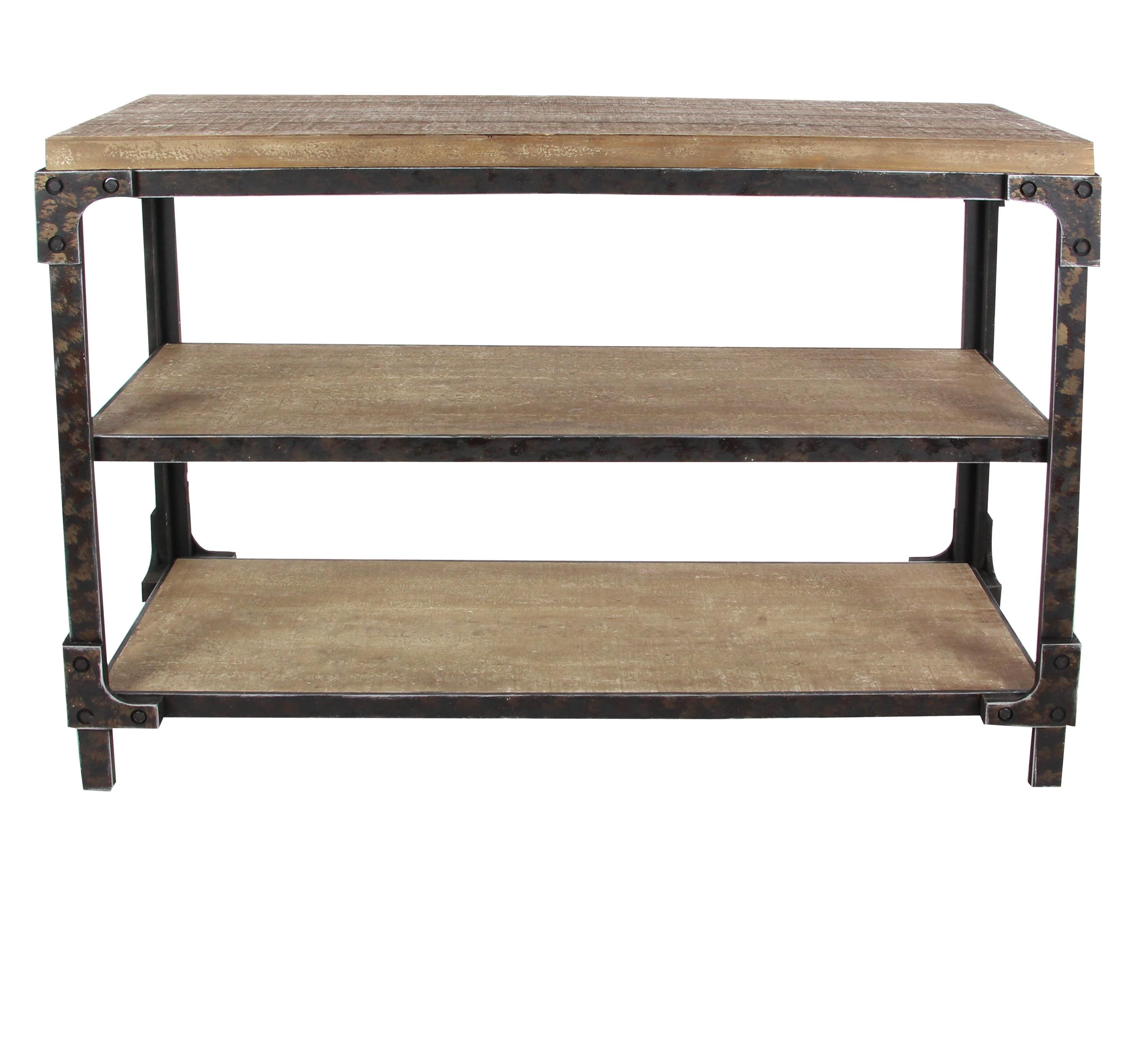 Olivia & May Rustic 3 Tier Console Table Brown: Industrial Style, Fixed Shelves, Wood Frame, Entryway Storage