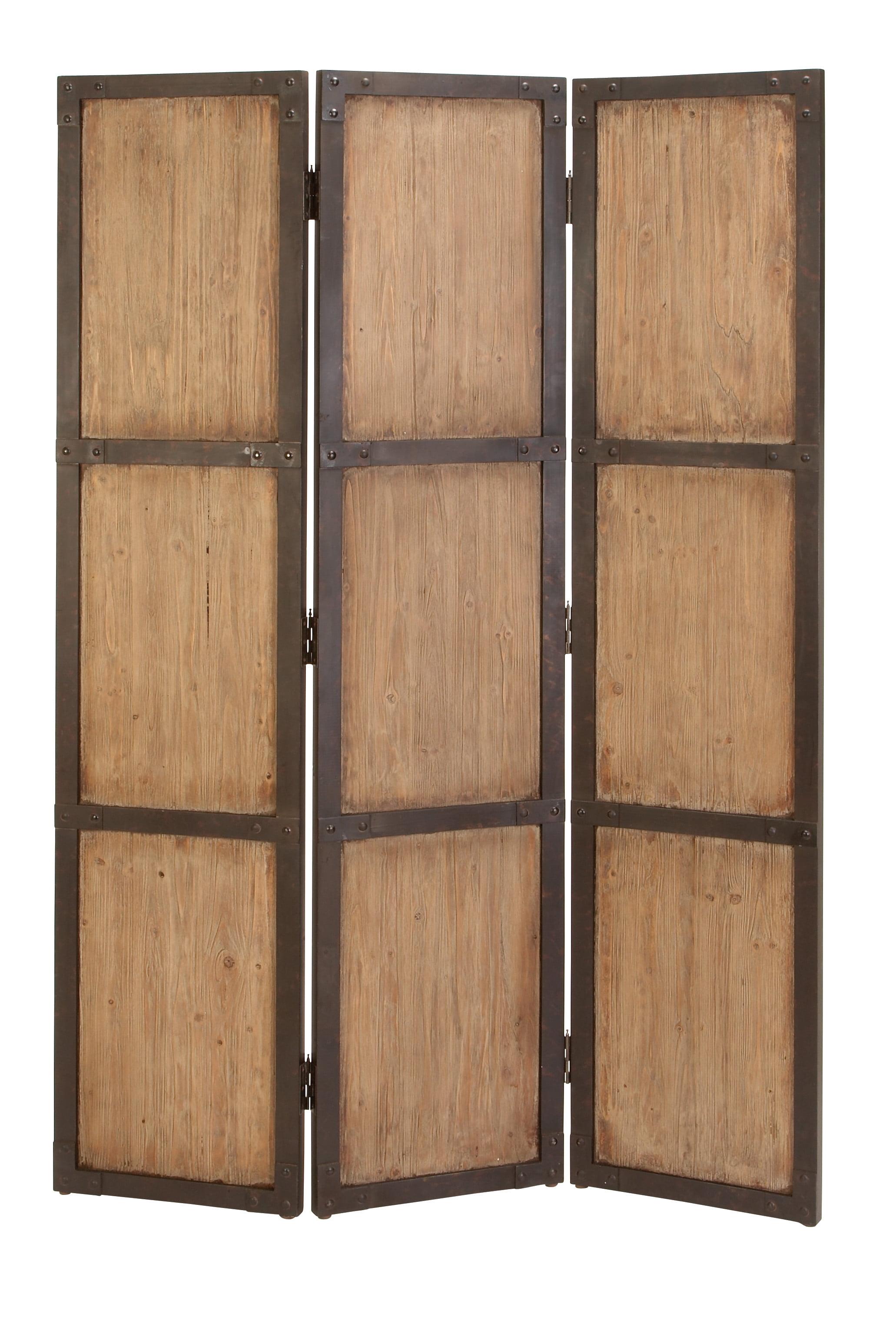 Brown Fir Wood and Metal 3-Panel Folding Privacy Screen