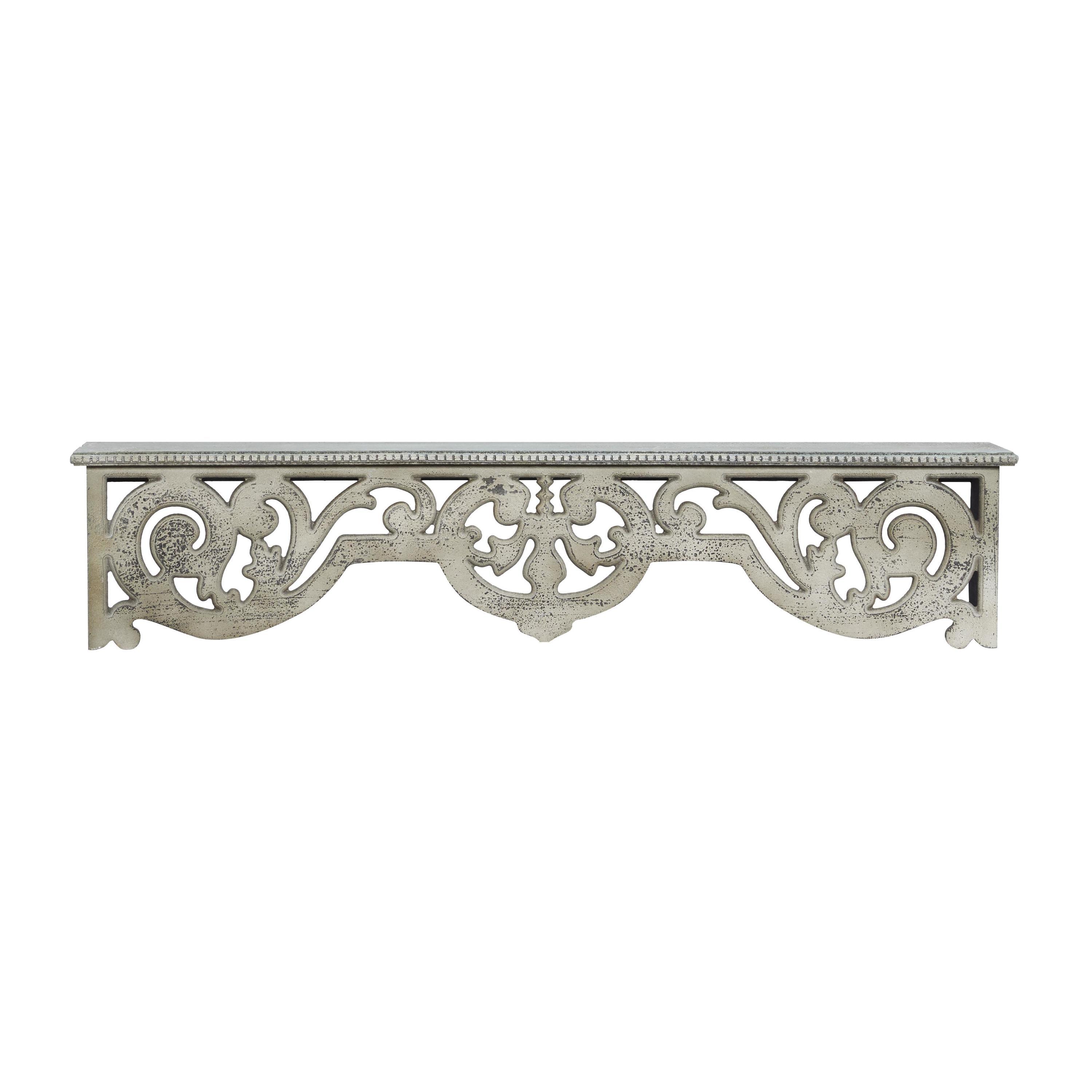 DecMode 48" x 8" 1-Tier Beige Scroll Wall Shelf with Gray Distressing