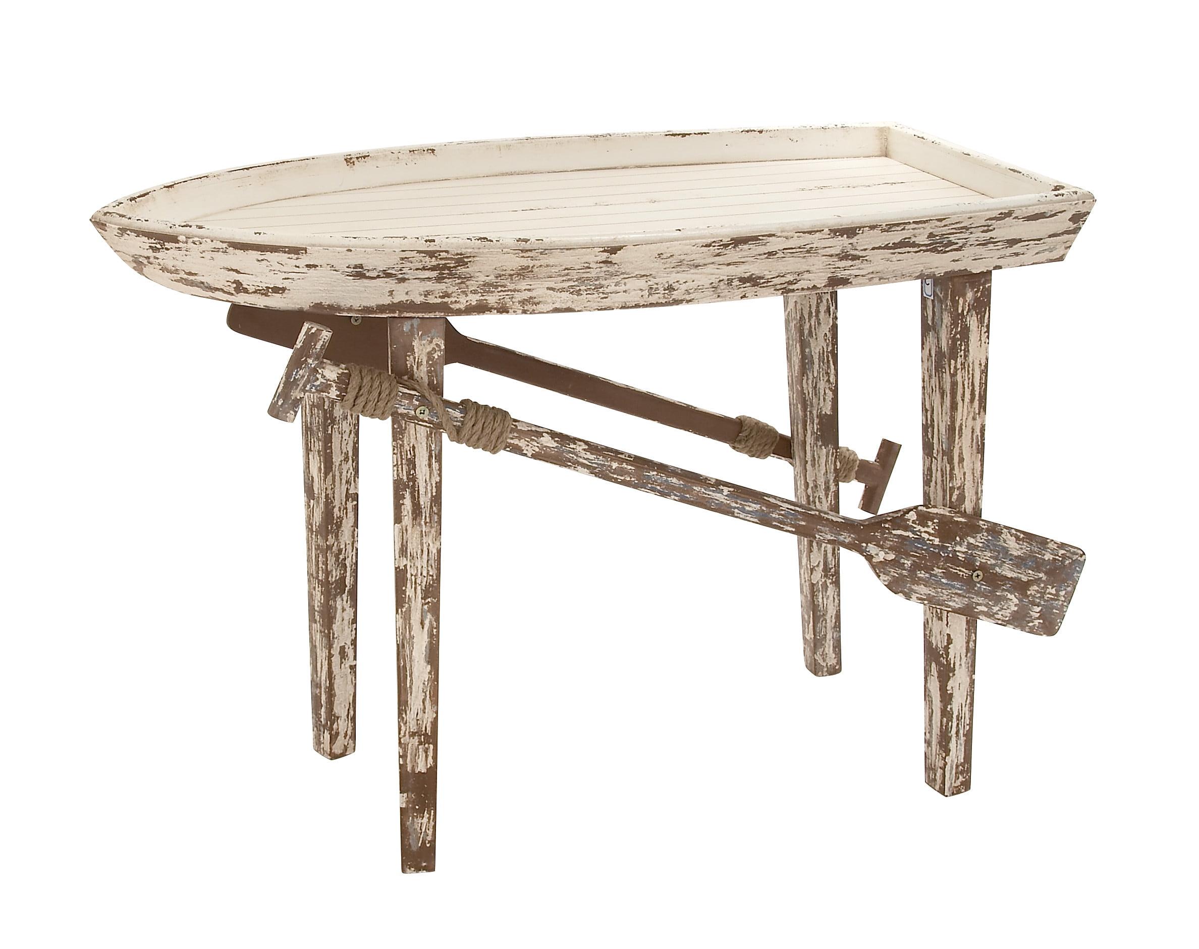 DecMode 49" x 33" White Wood Distressed Tray Top Boat Accent Table with Oar Detailed Legs, 1-Piece