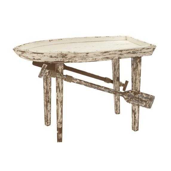 DecMode 49" x 33" White Wood Distressed Tray Top Boat Accent Table with Oar Detailed Legs, 1-Piece