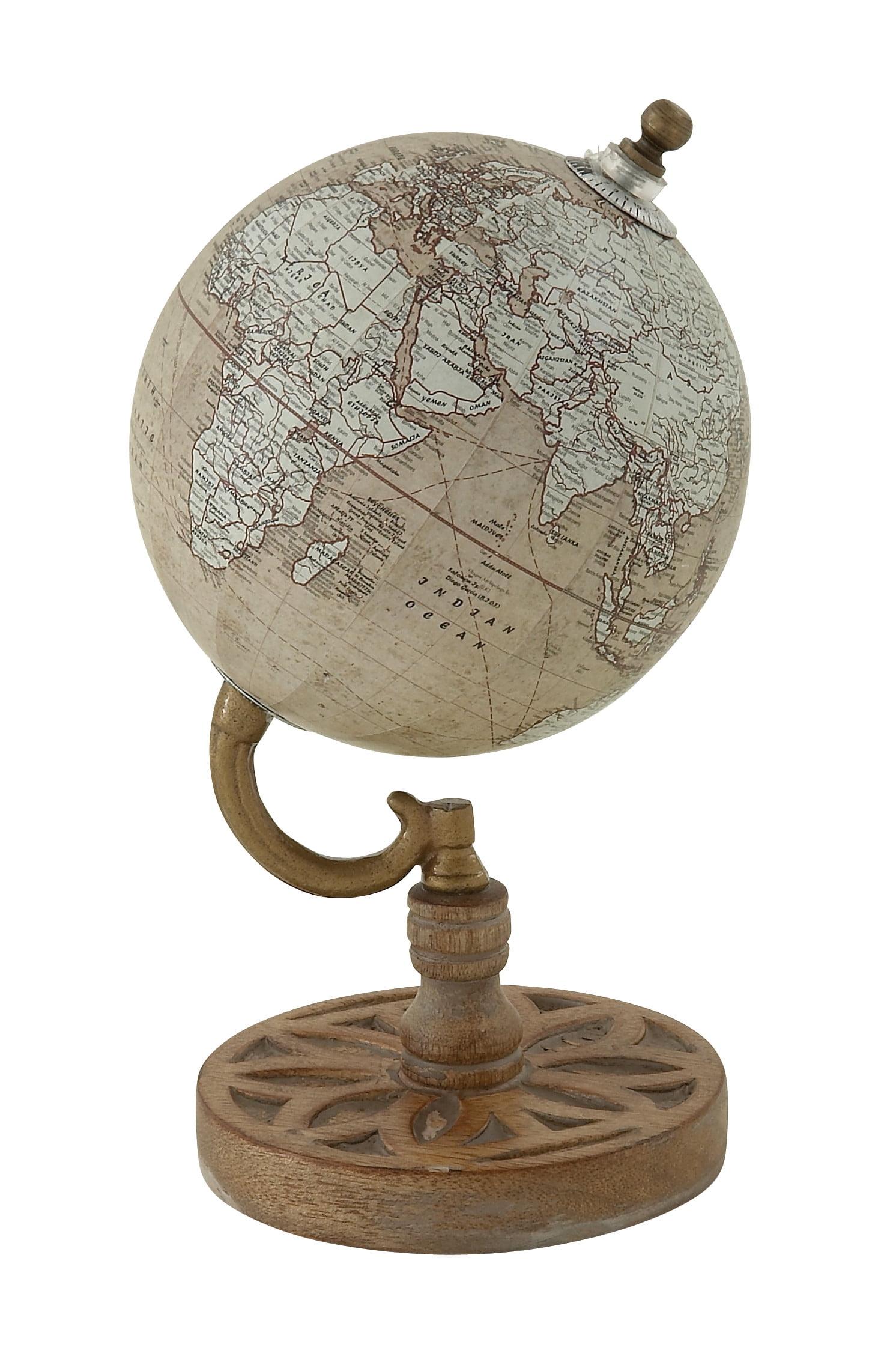 Beige Carved Wood Globe with Detailed Illustrations