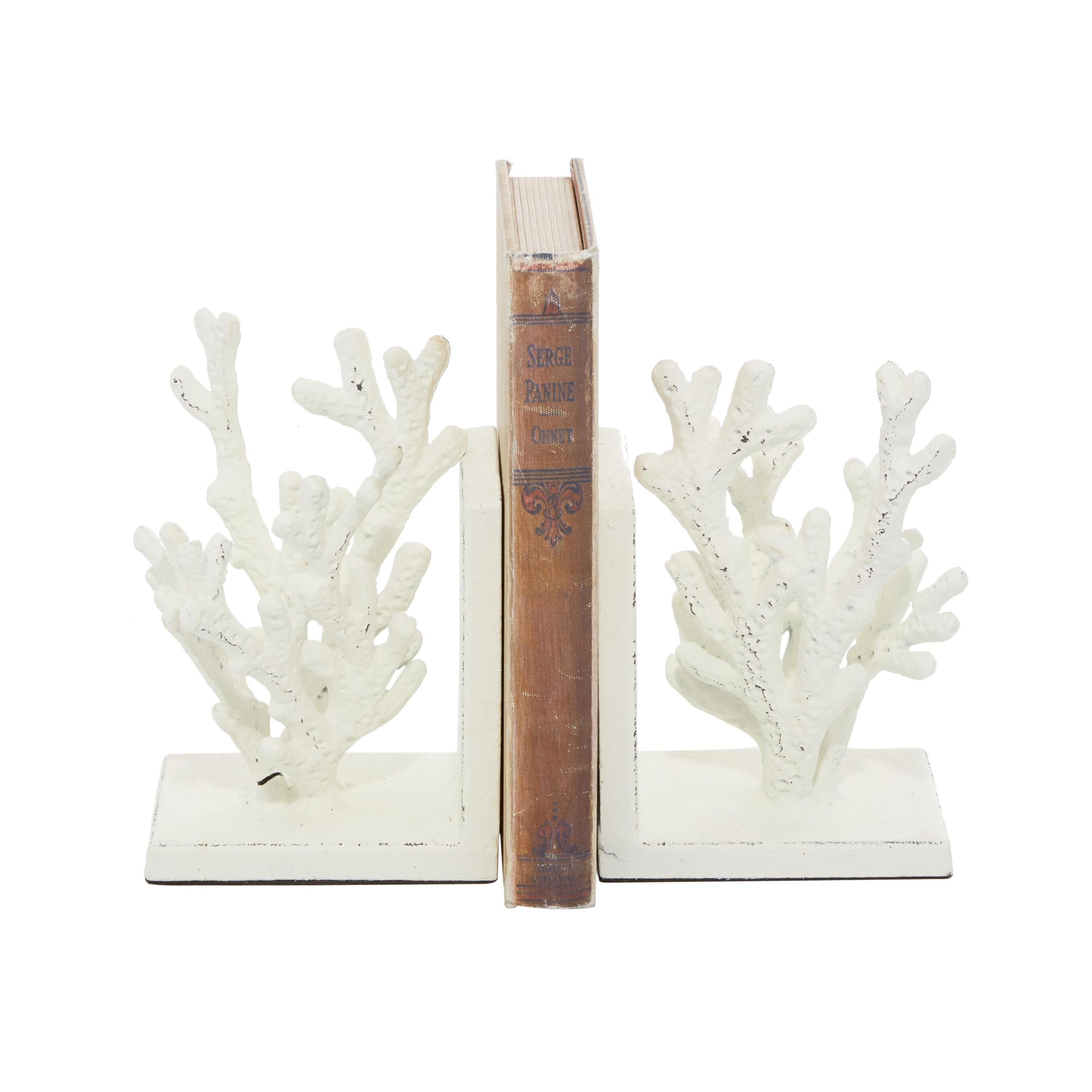 Coastal Farmhouse White Metal Coral Bookends, Set of 2