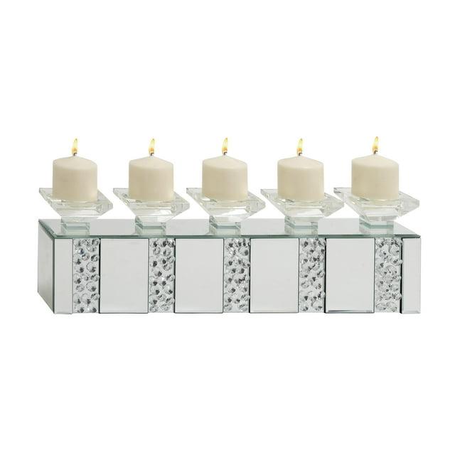 Mercer41 Glass Pillar 5 Plate Decorative Silver Candelabra with Mirrored Accents and Crystals
