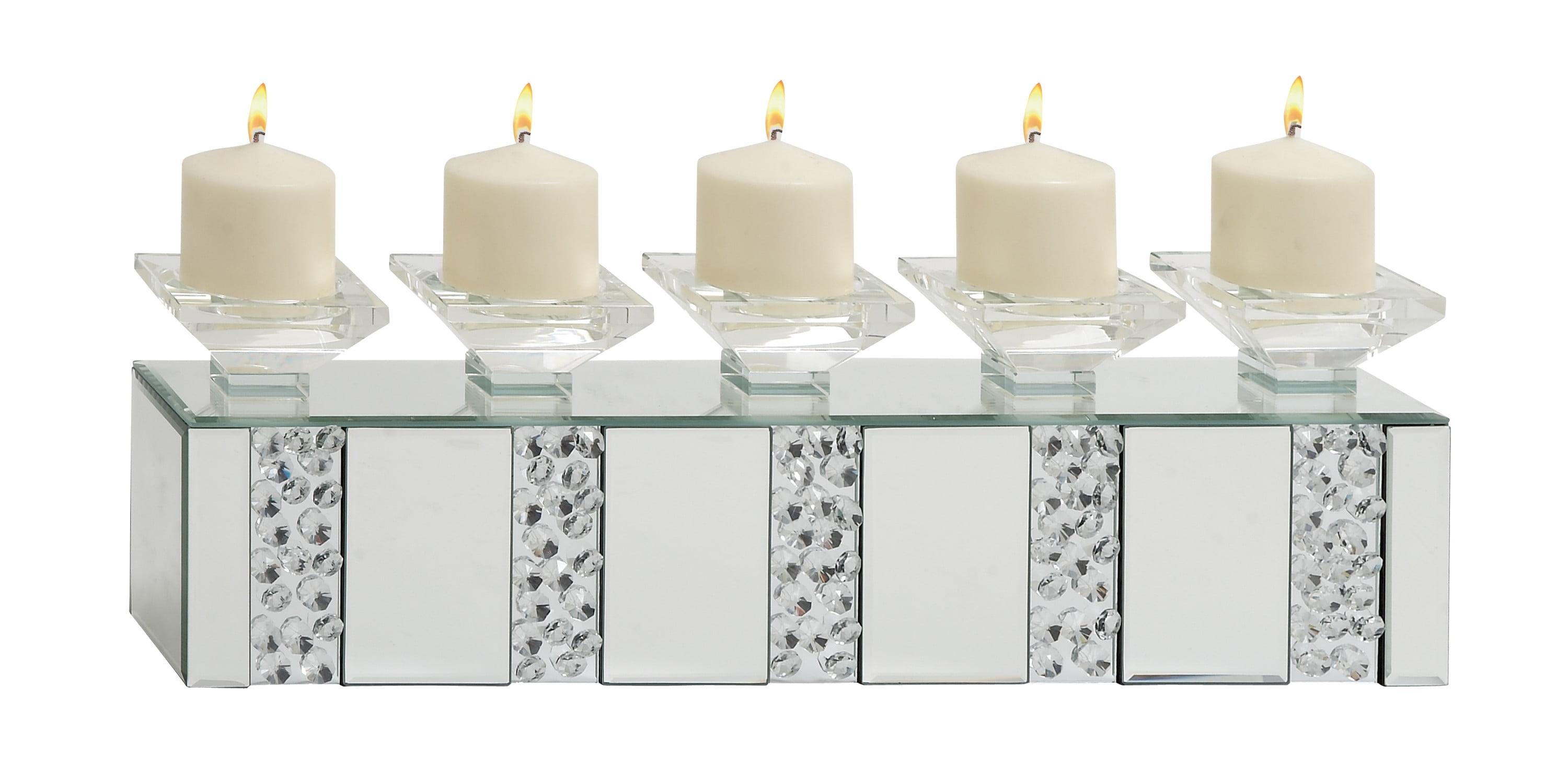 Mercer41 Glass Pillar 5 Plate Decorative Silver Candelabra with Mirrored Accents and Crystals