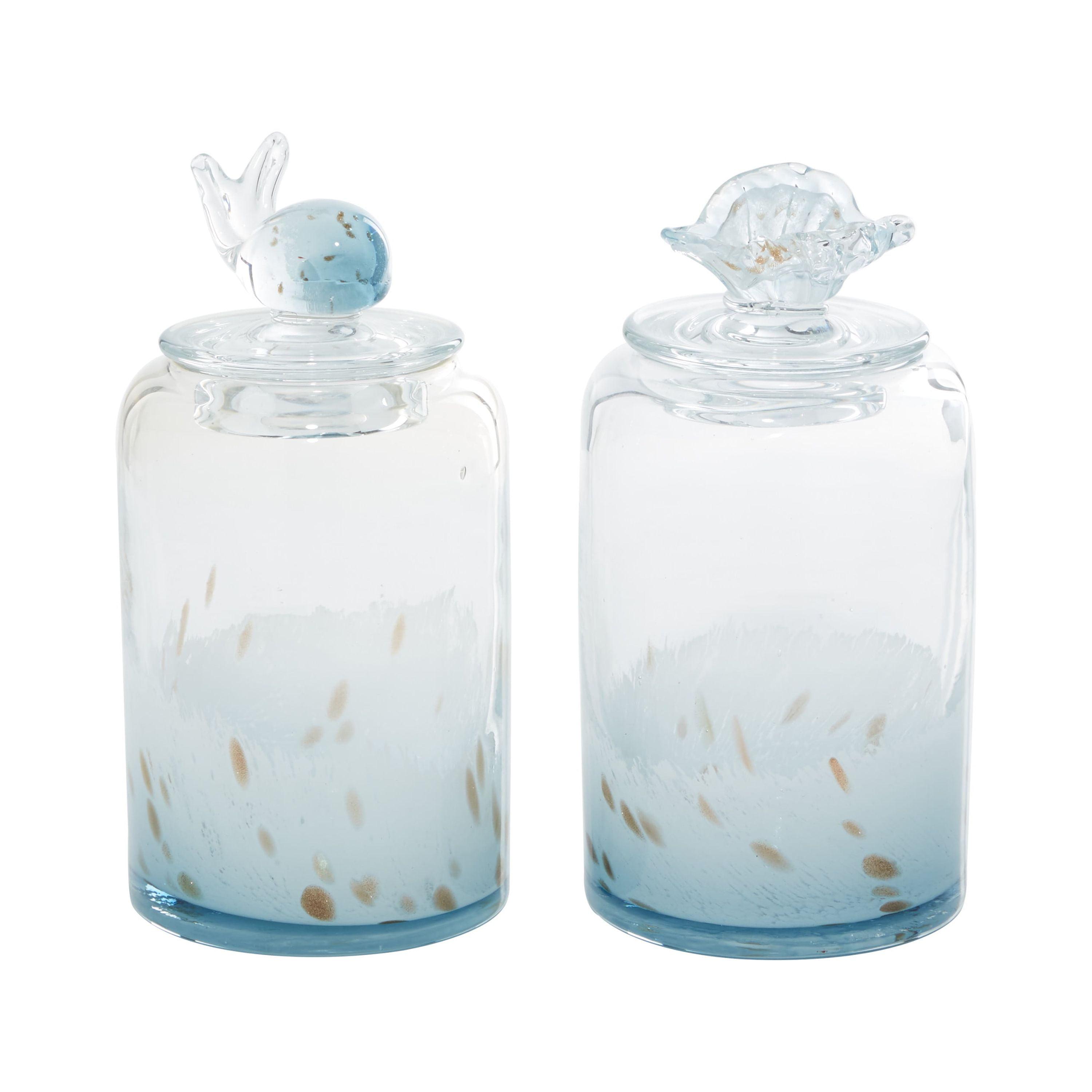 Blue Glass Whale and Seashell Decorative Jars, Set of 2