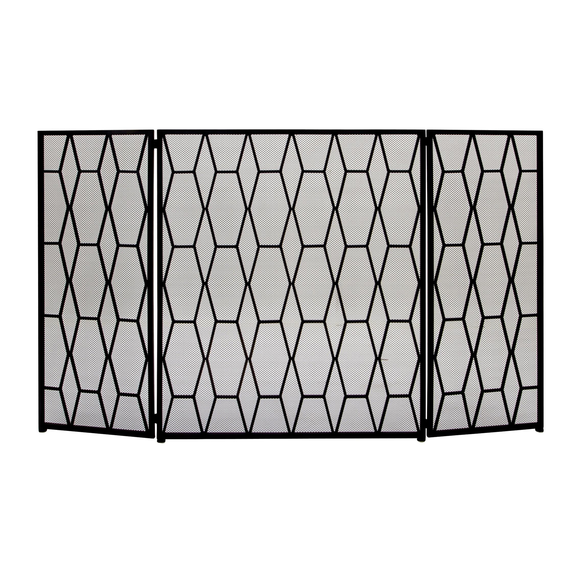 DecMode 51" x 31" Black Metal Foldable 3 Panel Geometric Fireplace Screen with Mesh Netting, 1-Piece