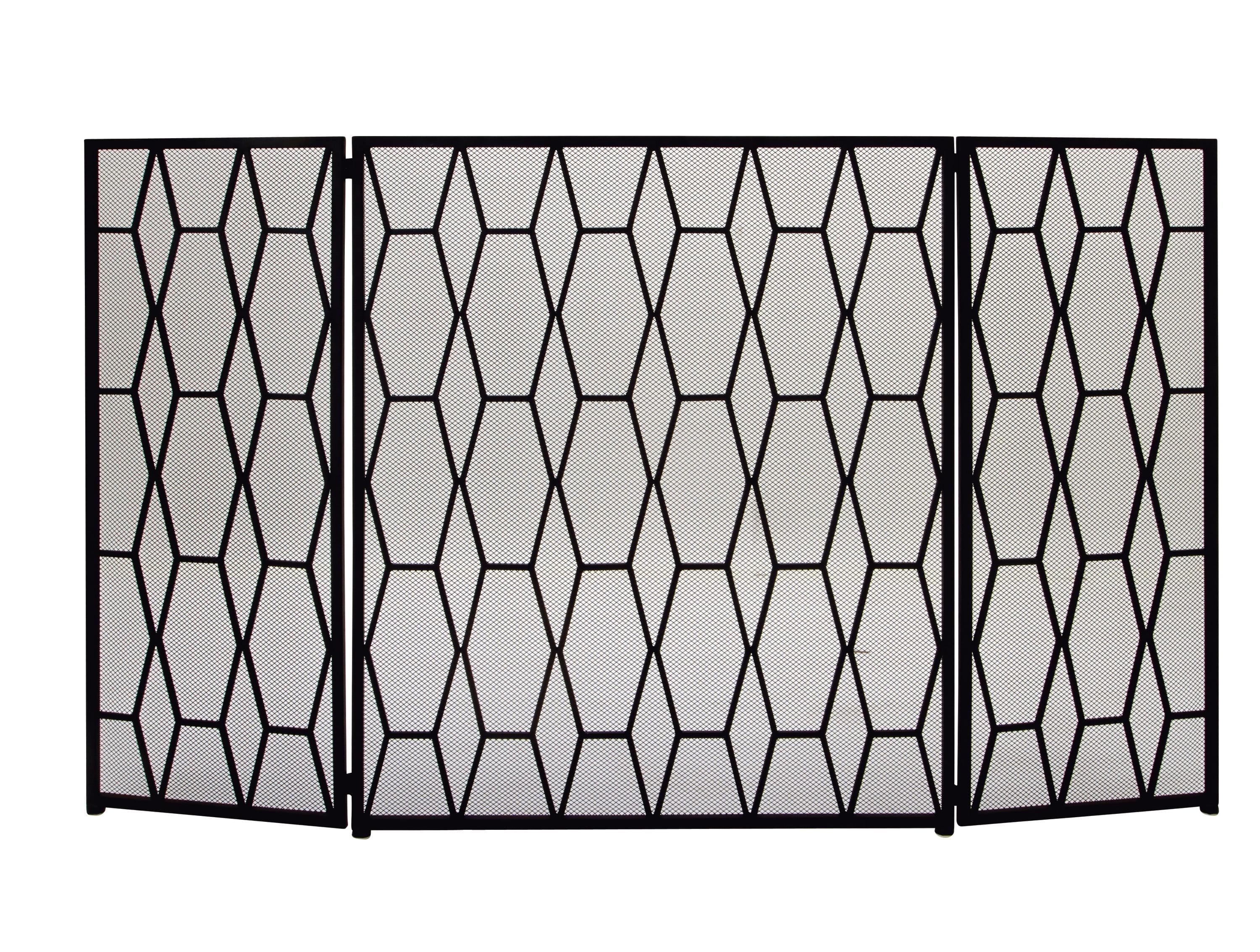 DecMode 51" x 31" Black Metal Foldable 3 Panel Geometric Fireplace Screen with Mesh Netting, 1-Piece