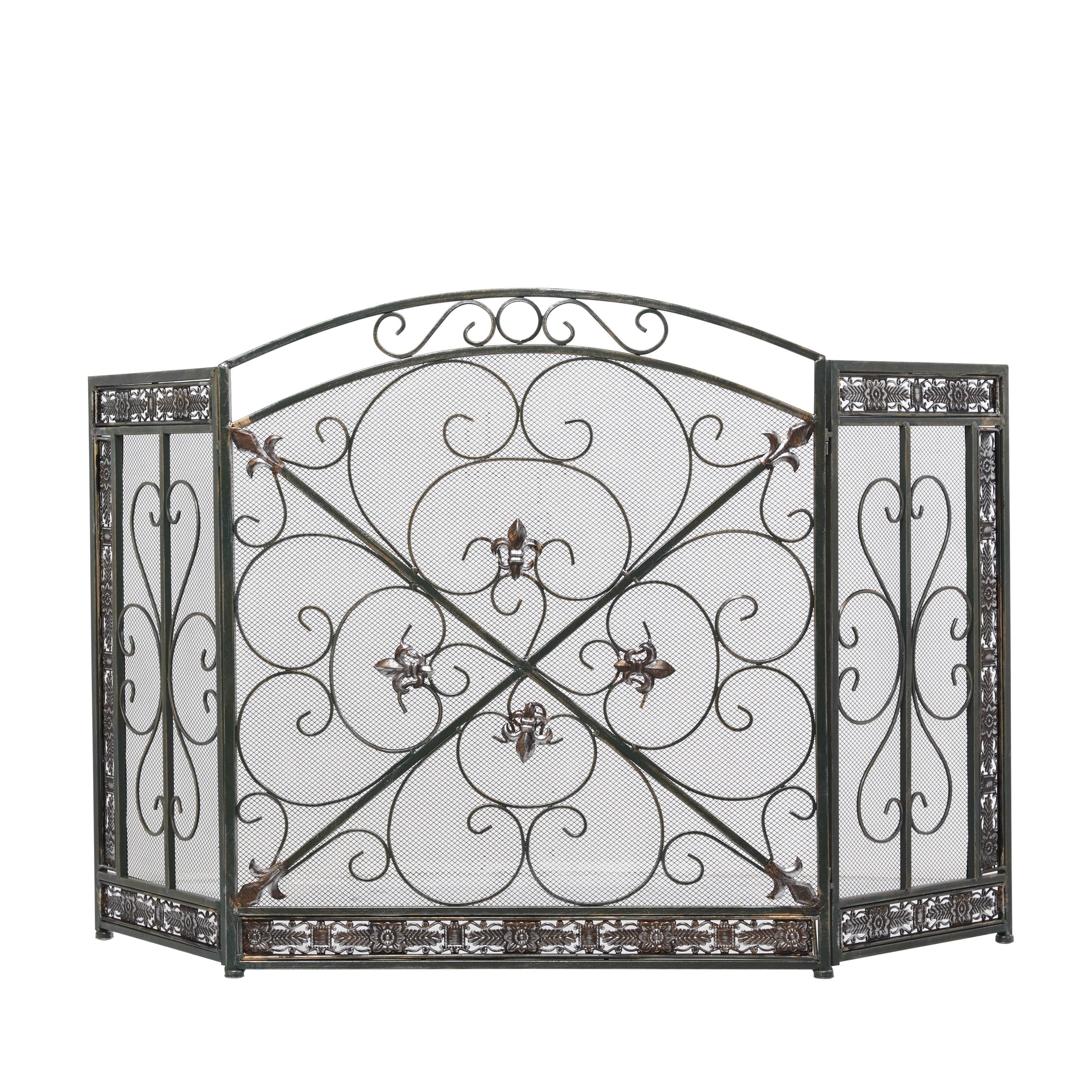 Black Iron Three-Panel Mesh Fireplace Screen with Fleur De Lis