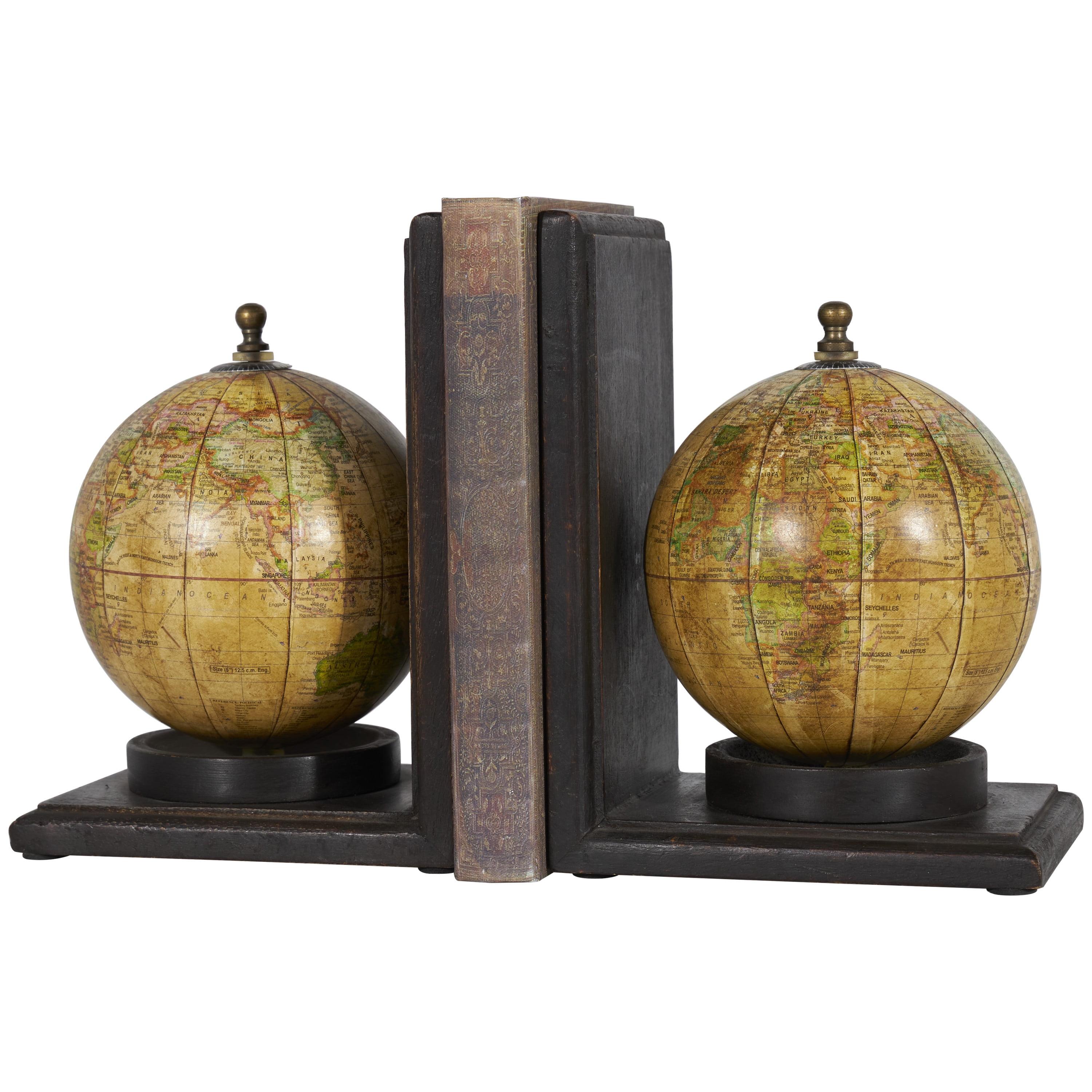 Elegant Sepia Globe Wooden Bookends with Metallic Accents, Set of 2