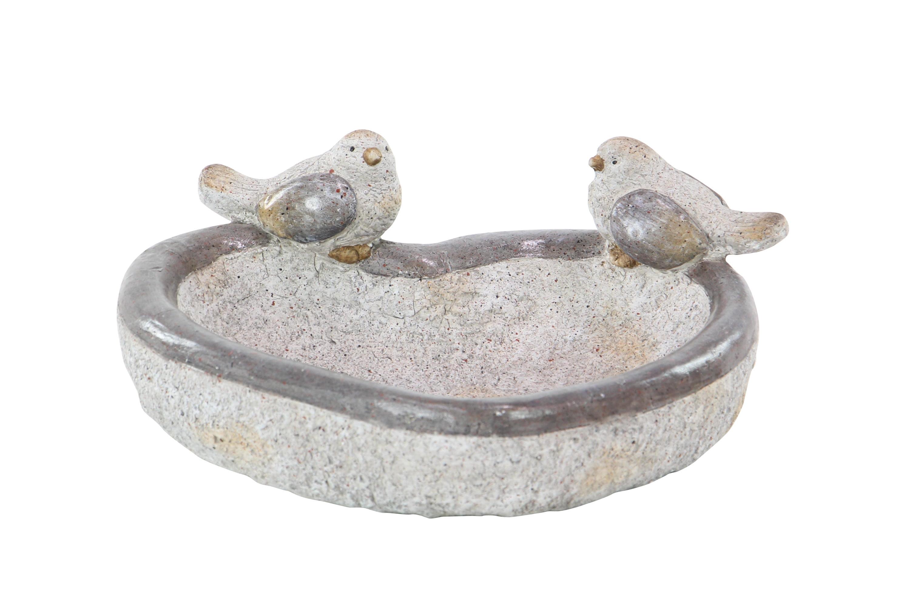 Gray Polystone Bird Garden Sculpture with Bath Bowl