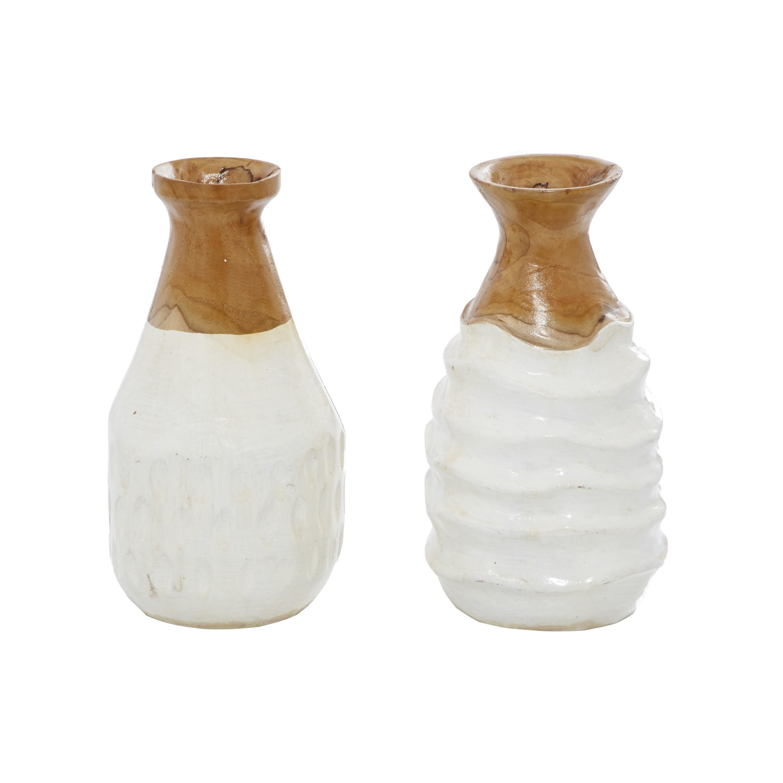 Handmade White Teak Wood Ripple Texture Vase Set, 5.5" x 9.9"