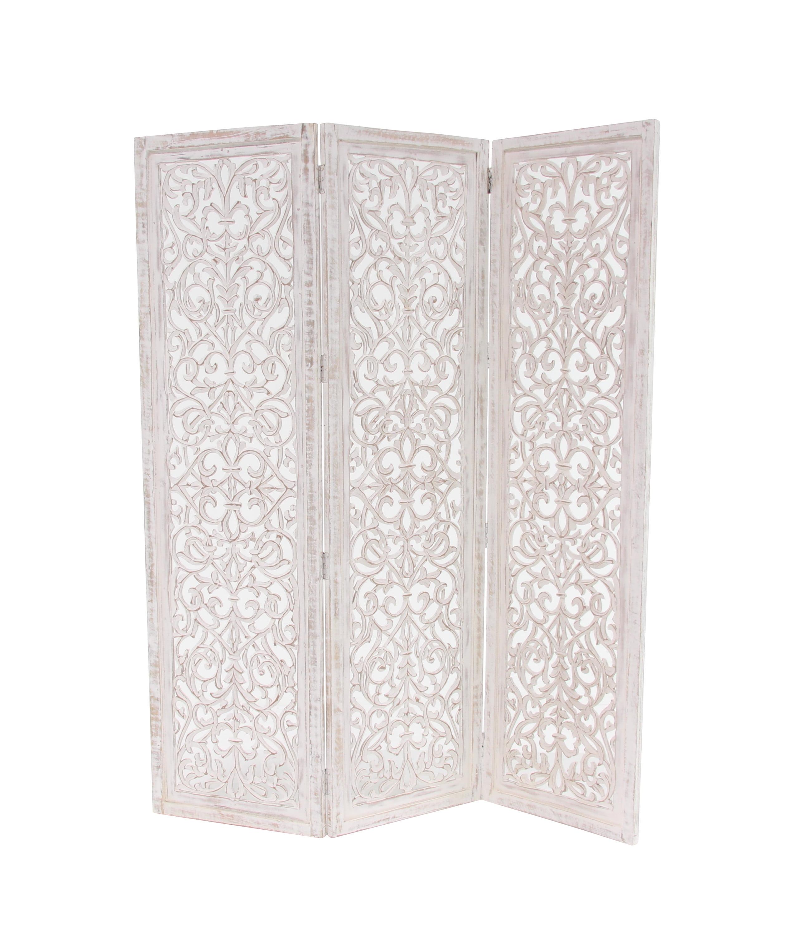 DecMode 60" x 69" White Wood Floral Handmade Hinged Foldable Partition 3 Panel Room Divider Screen with Intricate Carved Design, 1-Piece