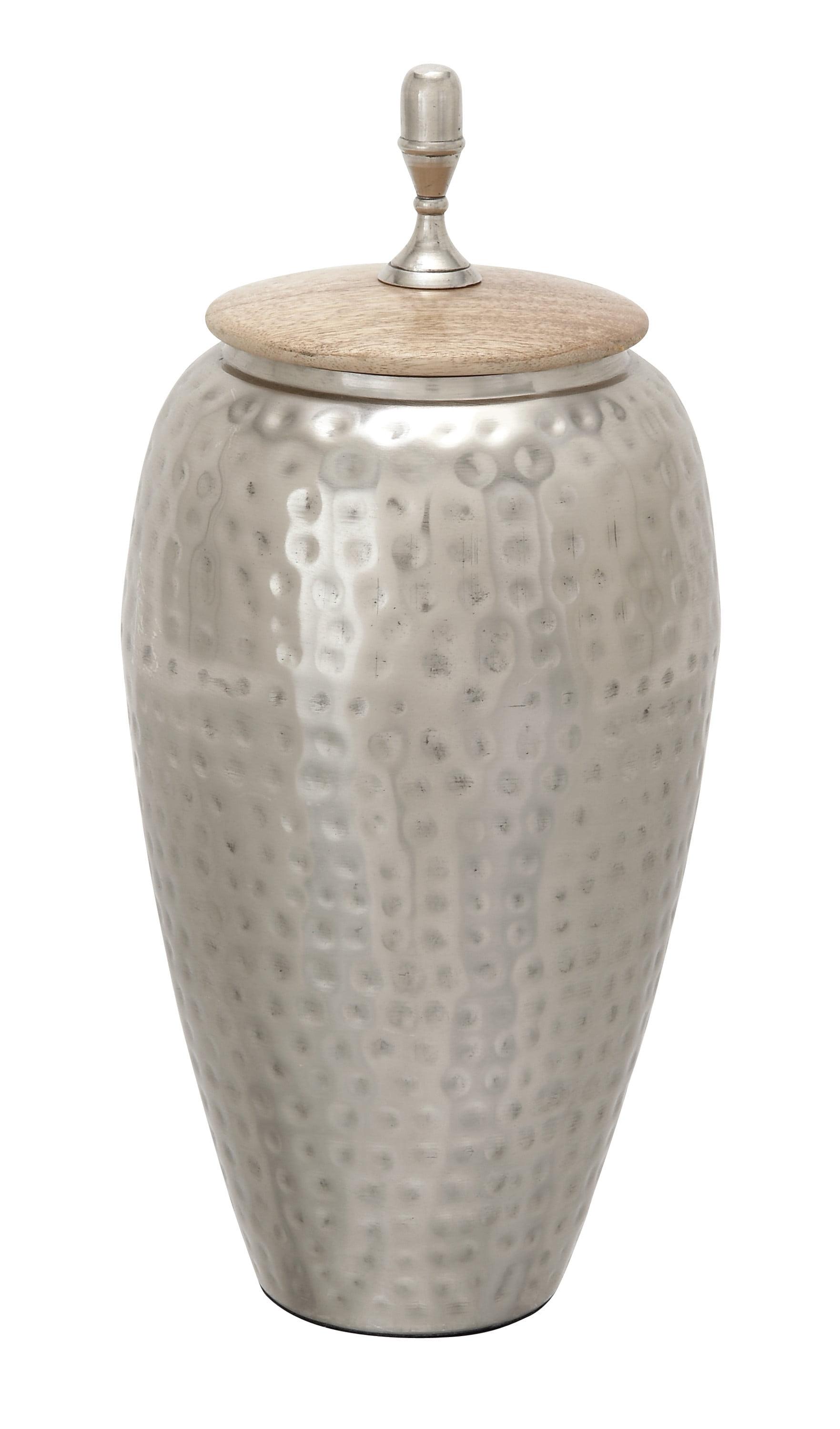 Contemporary 7" x 16" Silver Iron Jar with Wooden Lid