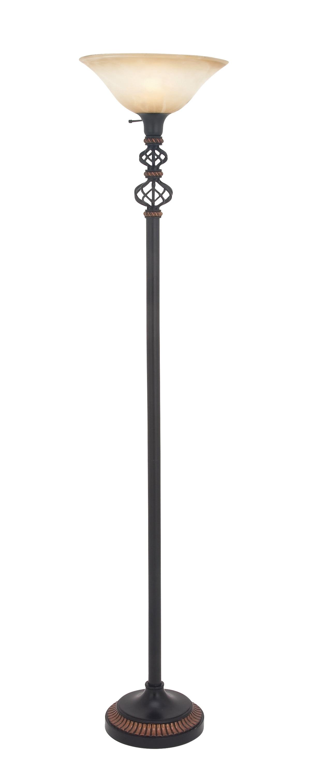 70" Black Iron Torchiere with Cream Glass Shade