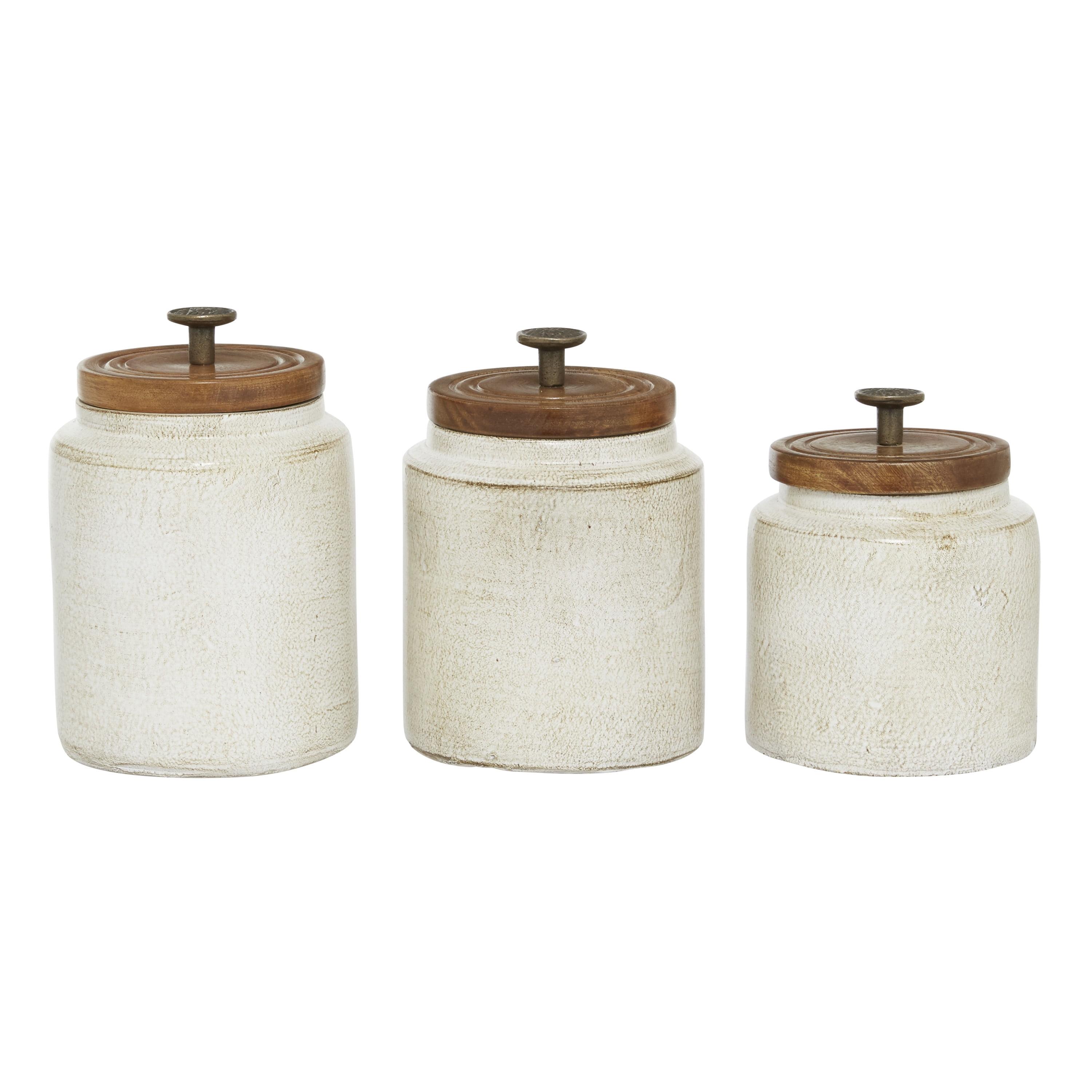 White Ceramic Decorative Jars with Wood Lids, Set of 3