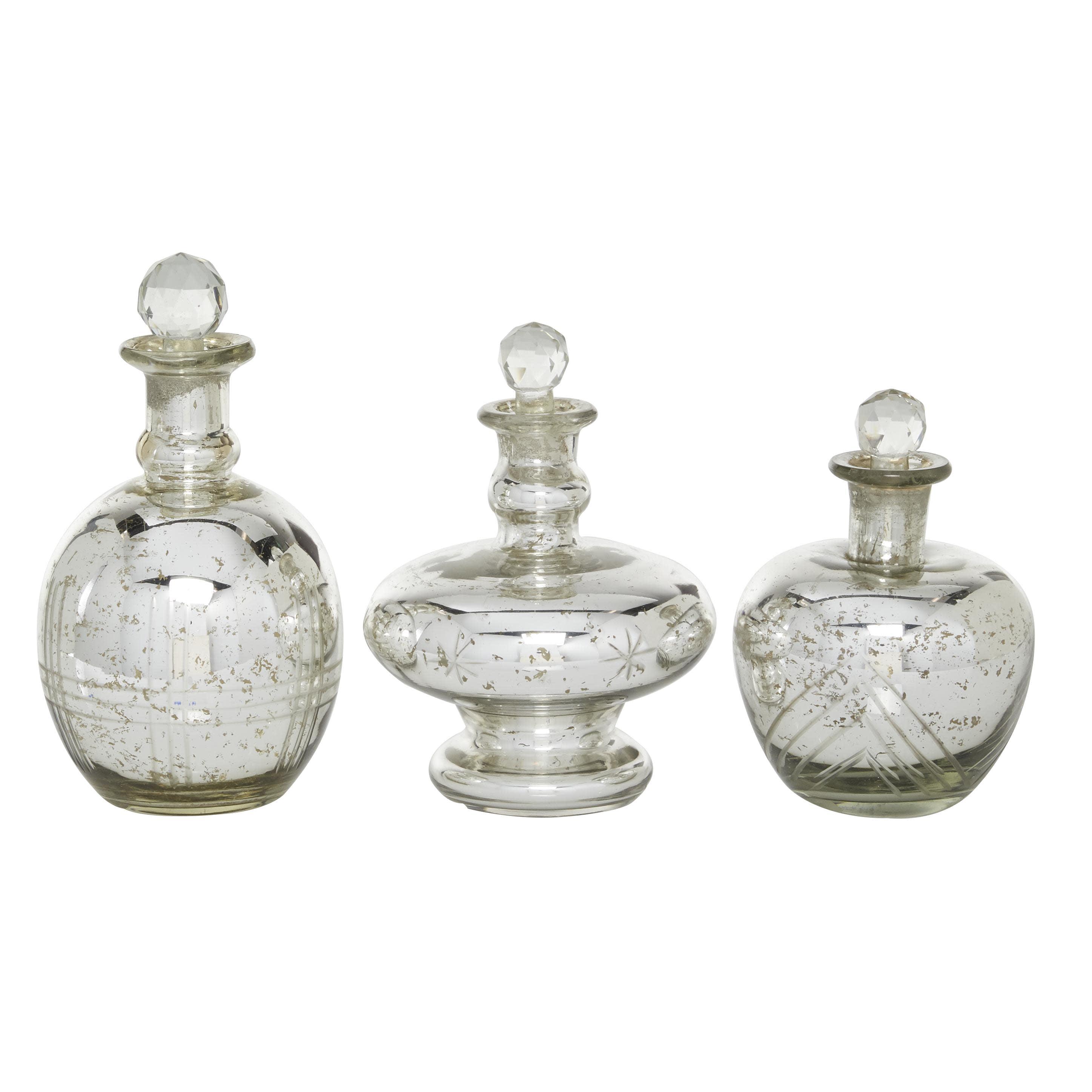 DecMode 8", 9", 7"H Silver Glass Decorative Jars with Crystal Stoppers, 3-Pieces