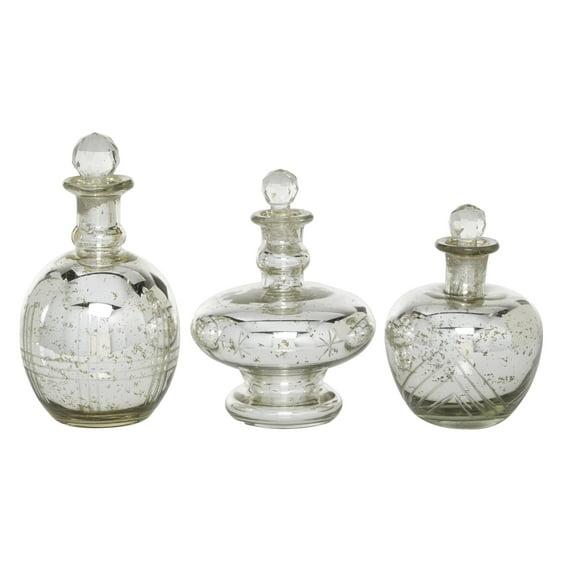 DecMode 8", 9", 7"H Silver Glass Decorative Jars with Crystal Stoppers, 3-Pieces