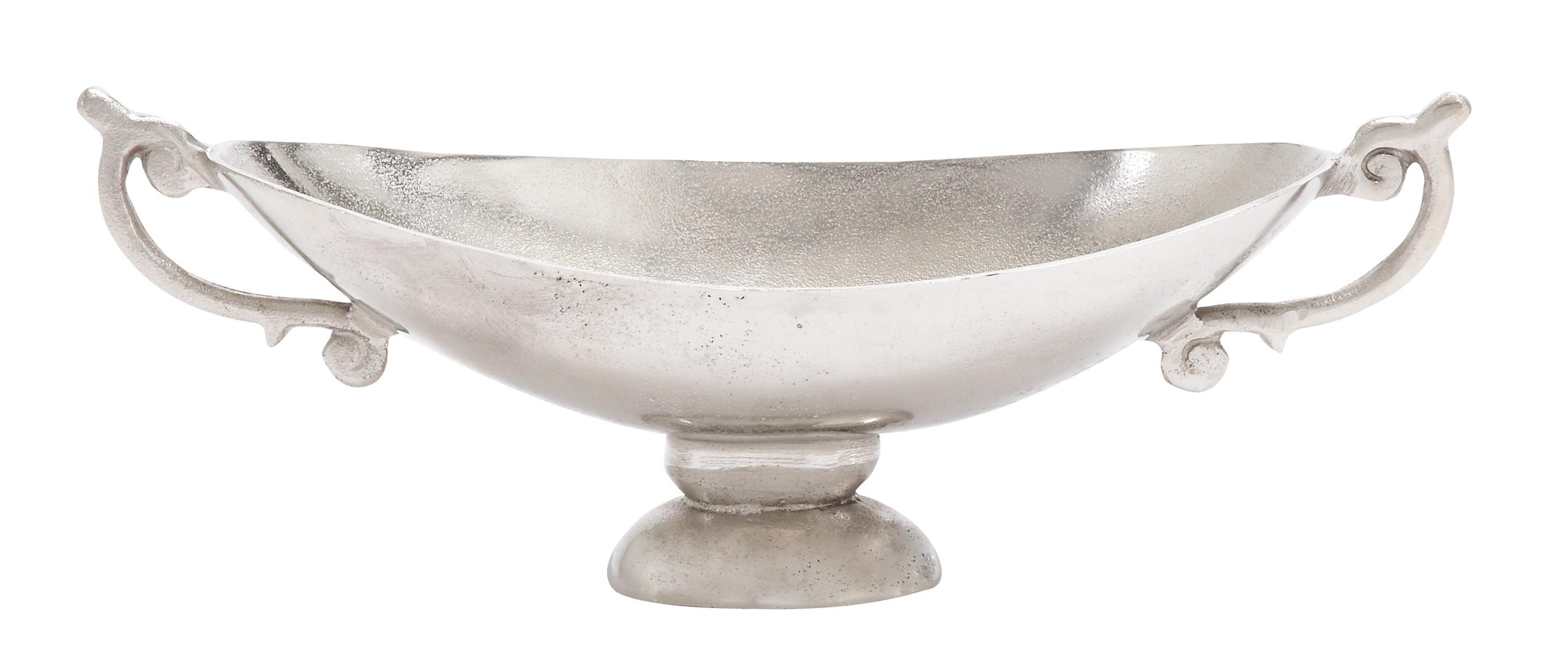 Silver Aluminum Decorative Bowl with Ornate Handles and Stand