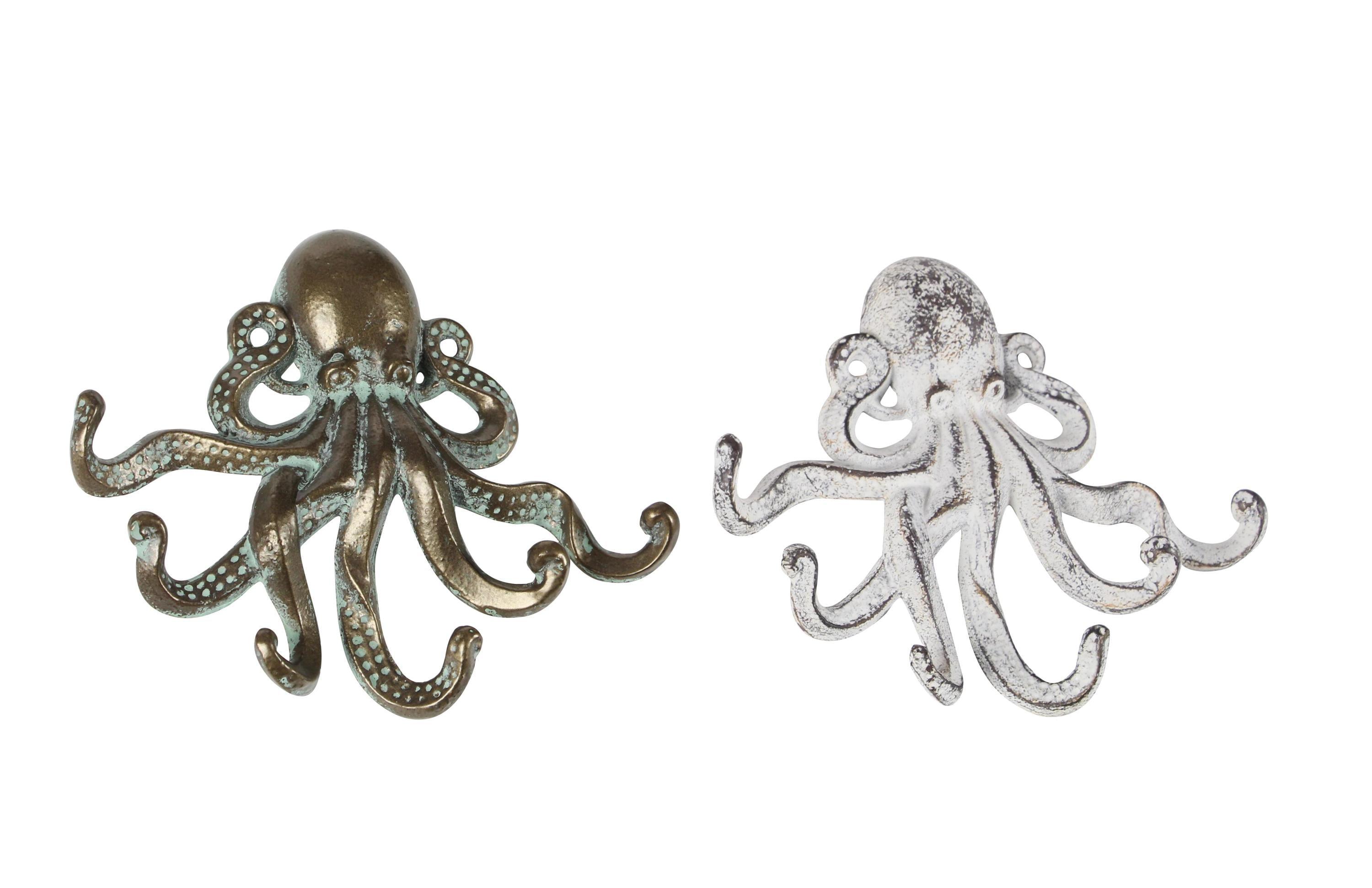 Bronze and White Nautical Octopus Wall Hooks, Set of 2