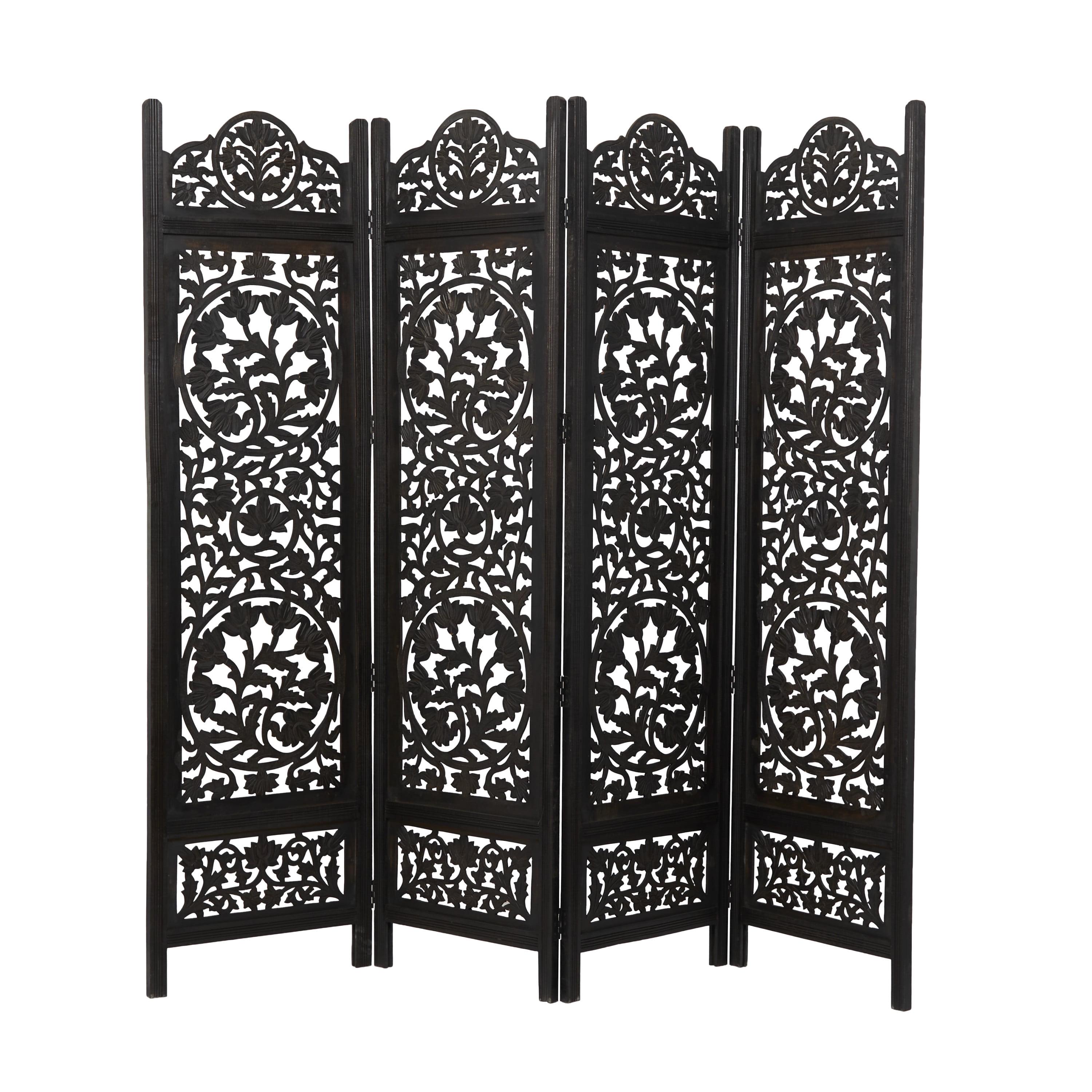 DecMode 80" x 72" Black Wood Floral Handmade Hinged Foldable Partition 4 Panel Room Divider Screen with Intricately Carved Designs, 1-Piece