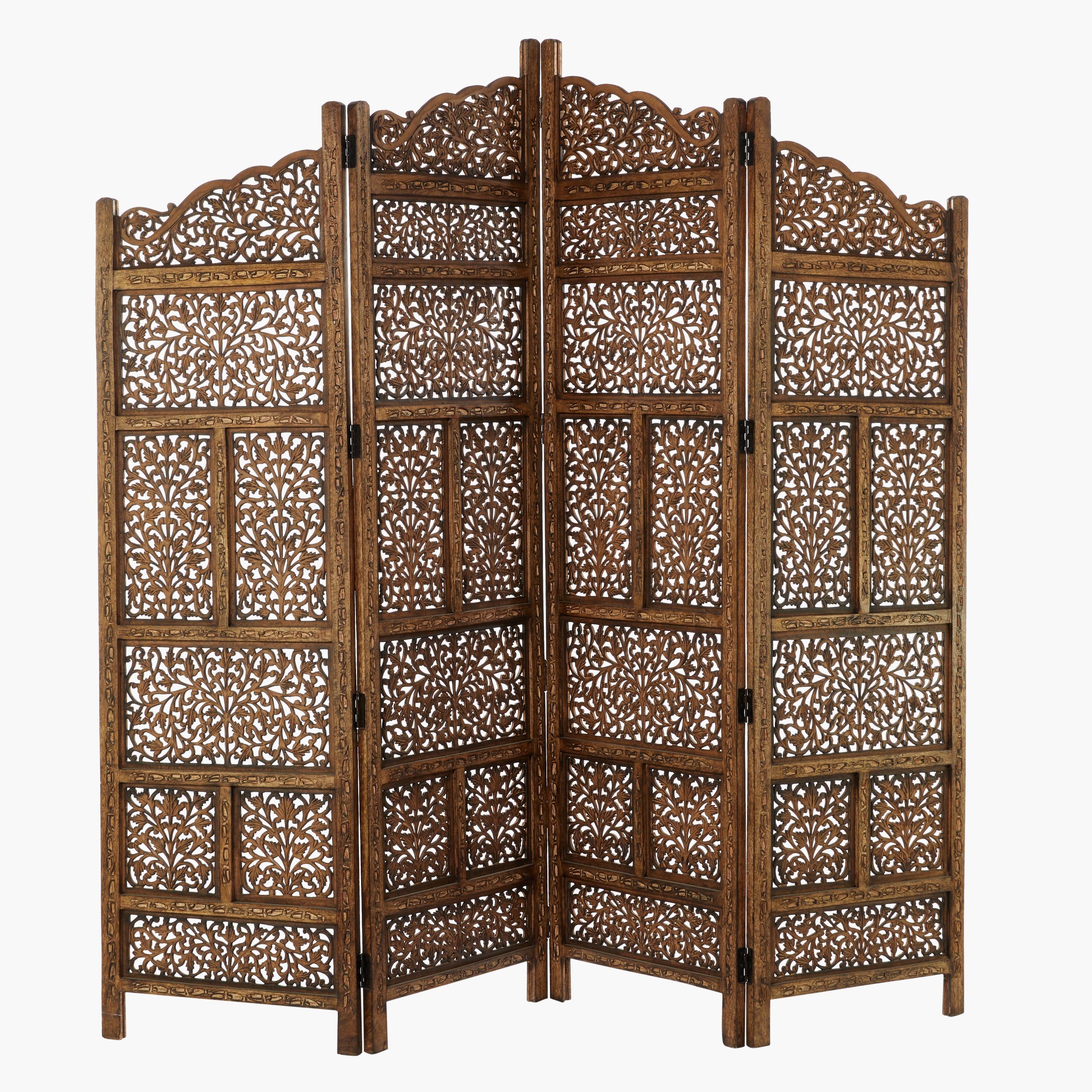 Handmade Brown Mango Wood 4-Panel Carved Privacy Screen