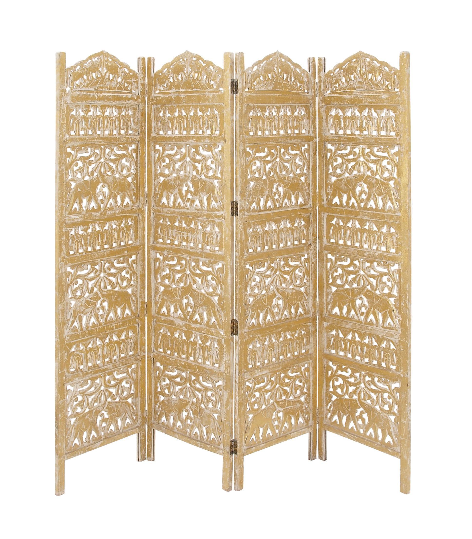 Gold Wooden Carved Elephant 4-Panel Folding Privacy Screen